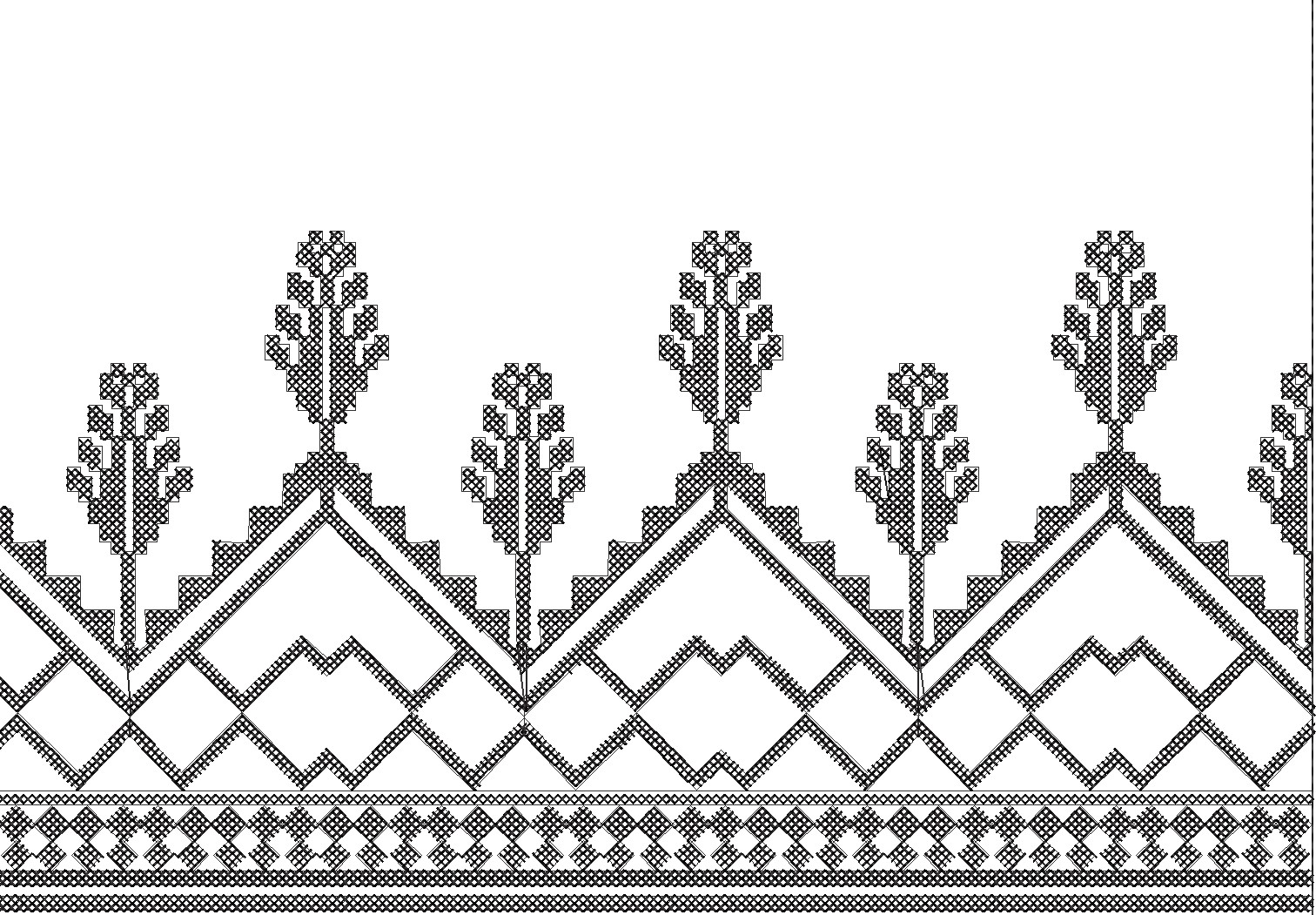 Embroidery design: A black and white embroidery border with repeating stylized trees and geometric patterns.