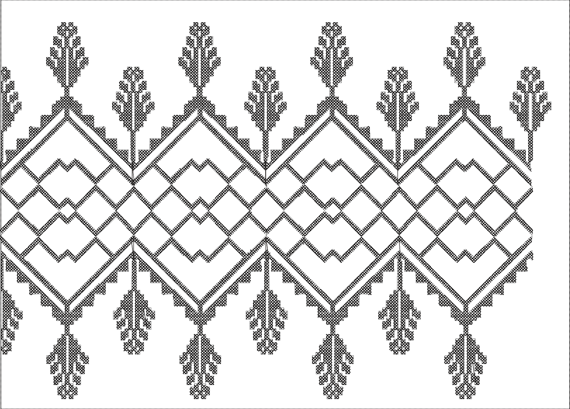 Embroidery design: A black and white embroidery design featuring a repeating geometric pattern with ornamental and lattice-like elements, f
