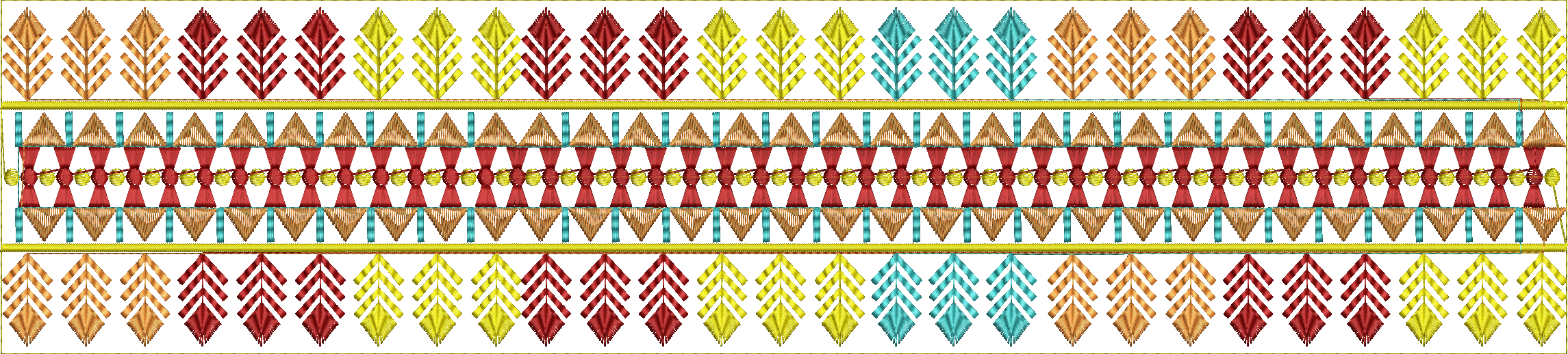 Embroidery design: A repeating geometric border embroidery design with traditional and ethnic influences, featuring symmetrical patterns in