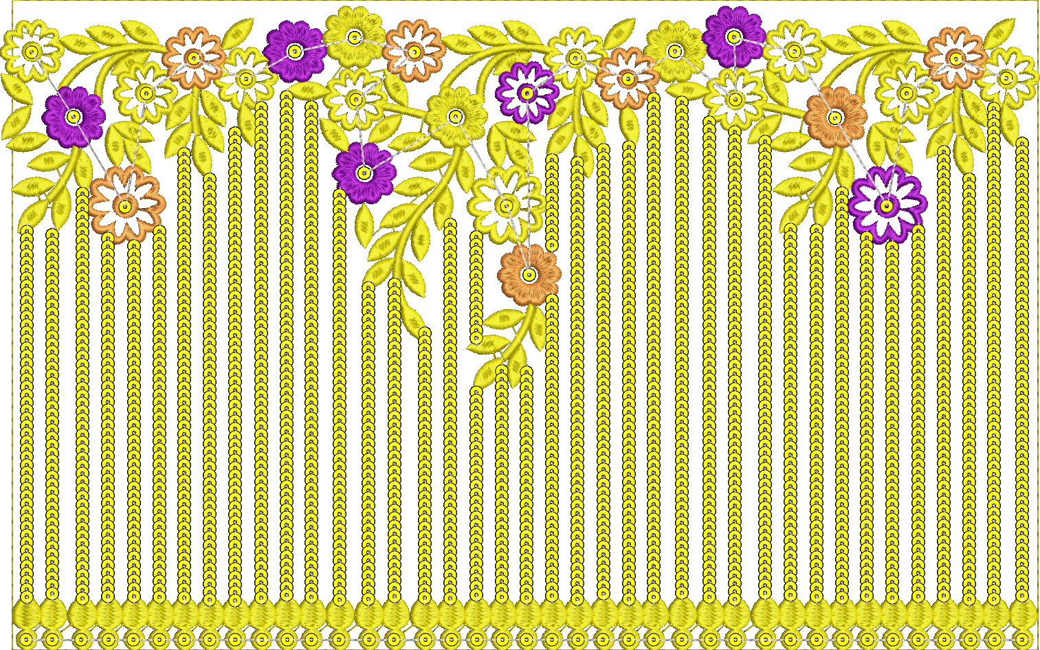 Embroidery design: A decorative embroidery design featuring a yellow, purple, and orange floral border with trailing vines and leaves.