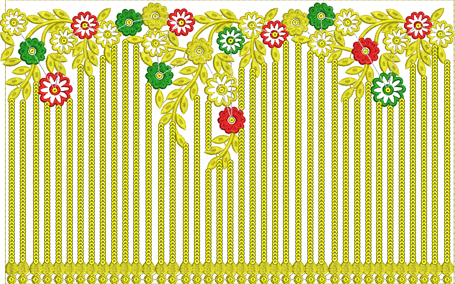 Embroidery design: A decorative embroidery border with red, green, and white flowers, yellow leaves and vines, and vertical yellow chain st