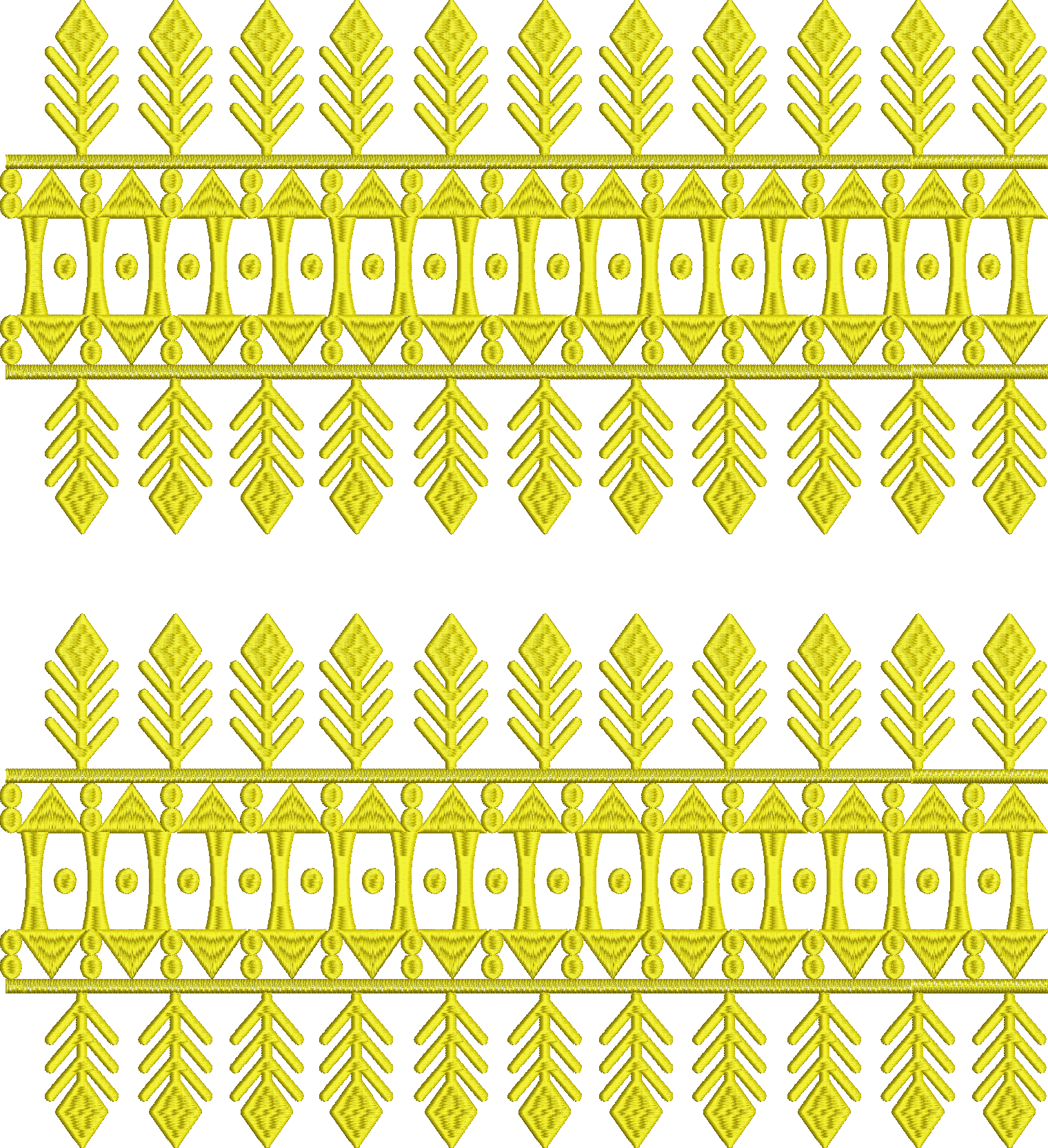 Embroidery design: A symmetrical, repeating gold embroidery border with geometric and ornamental motifs, featuring stylized leaf and diamon