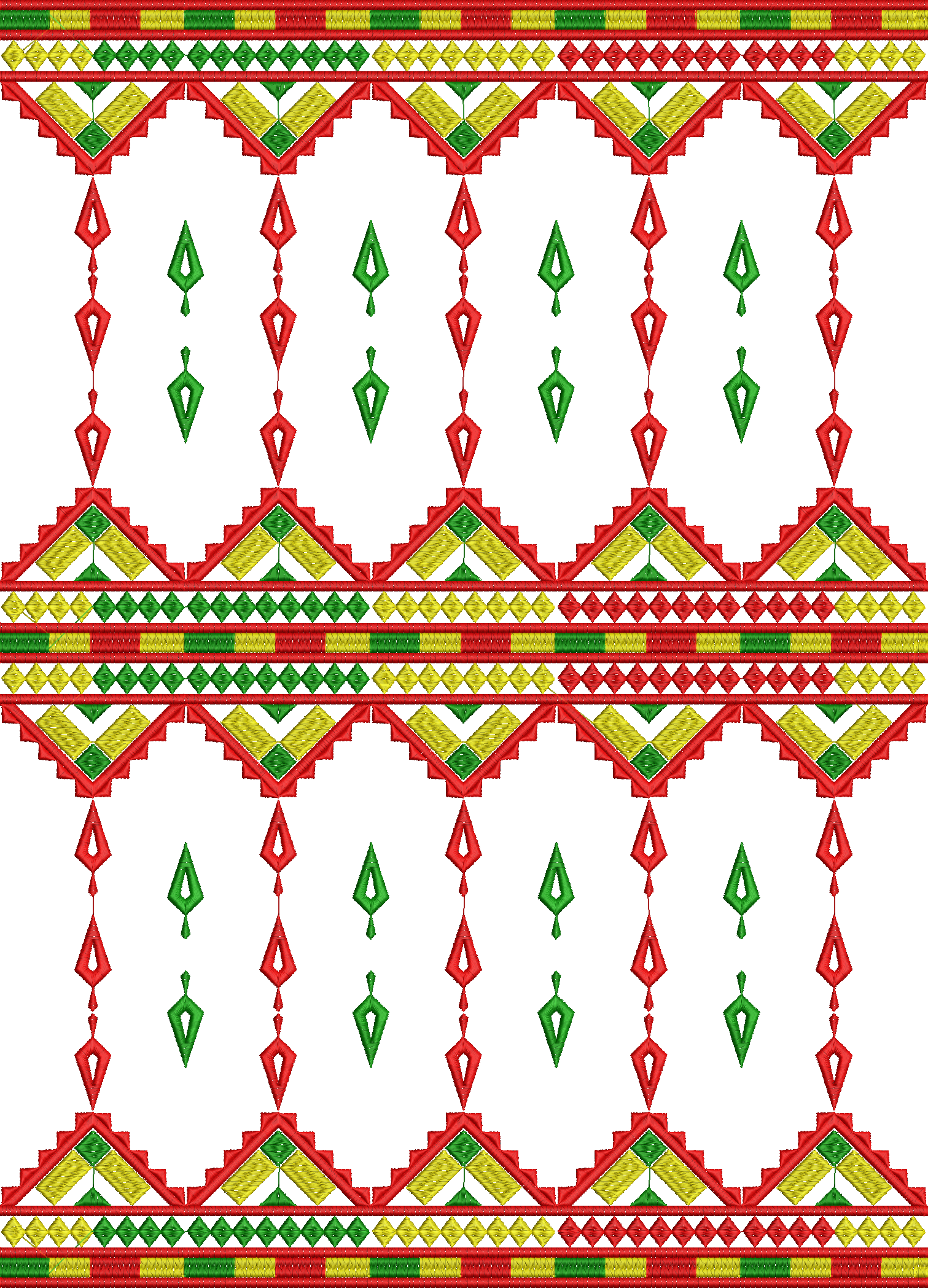 Embroidery design: A repeating, symmetrical border embroidery design with ethnic and geometric patterns in red, yellow, and green. It featu