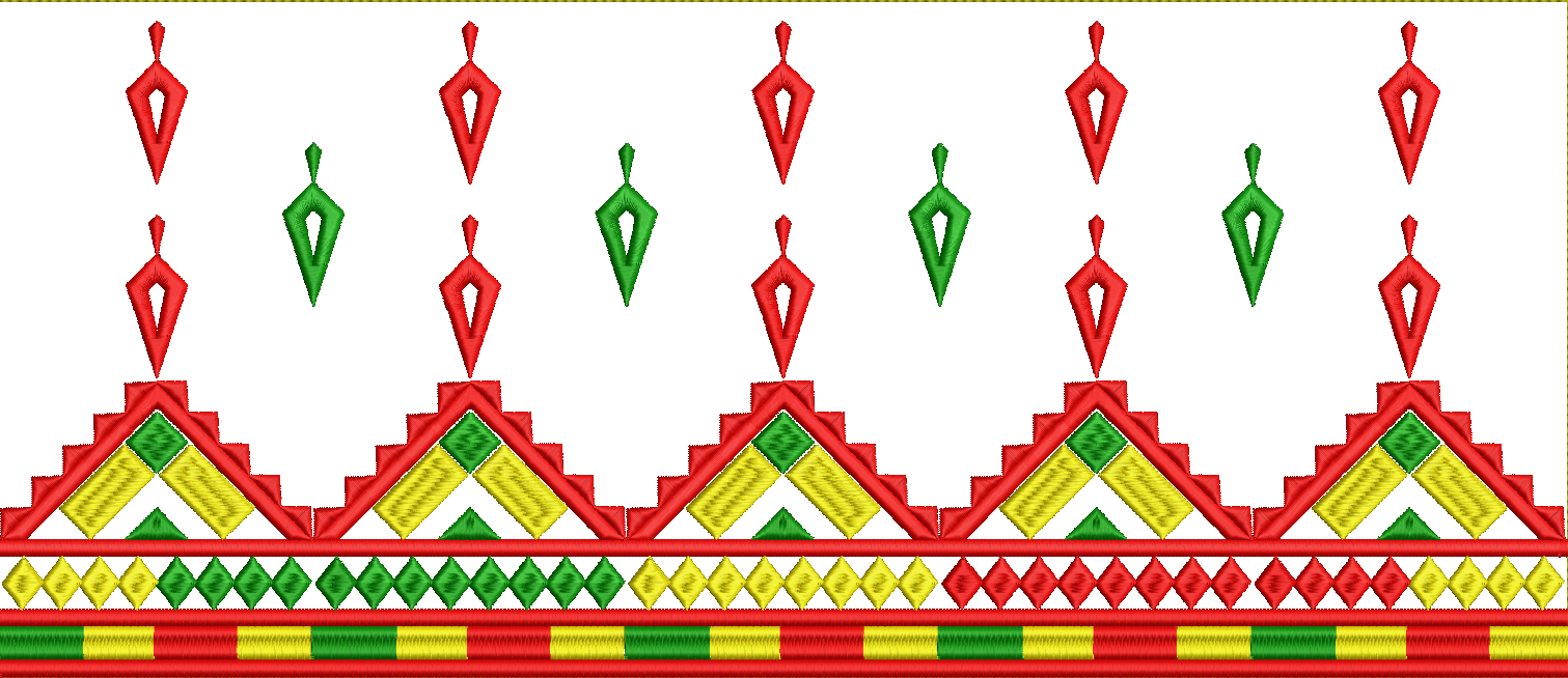 Embroidery design: A horizontal embroidery border with repeating geometric and diamond patterns in red, yellow, and green, with a thin gold