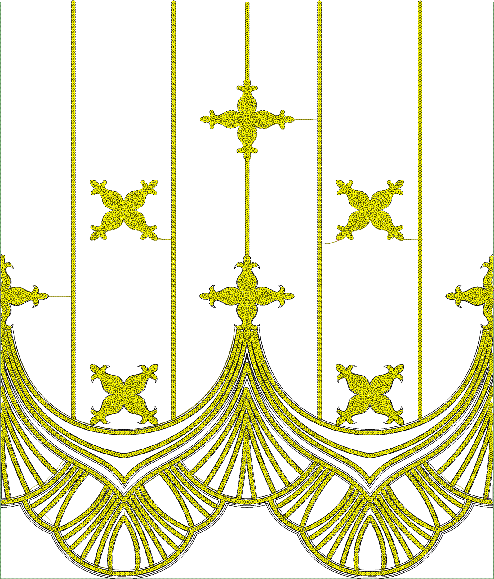 Embroidery design: A symmetrical and repeating decorative embroidery design featuring yellow, lace-like motifs arranged in vertical borders