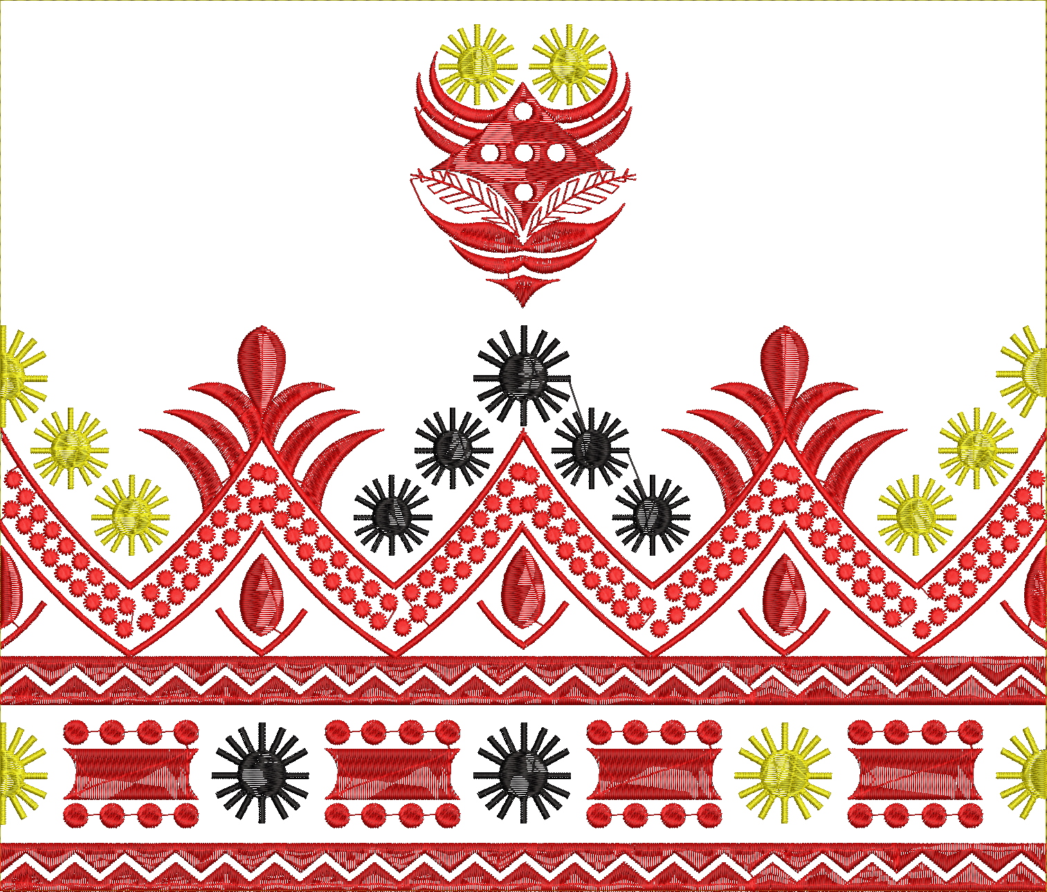 Embroidery design: A decorative embroidery border with repeating red, black, and yellow ethnic and floral motifs, featuring geometric patte