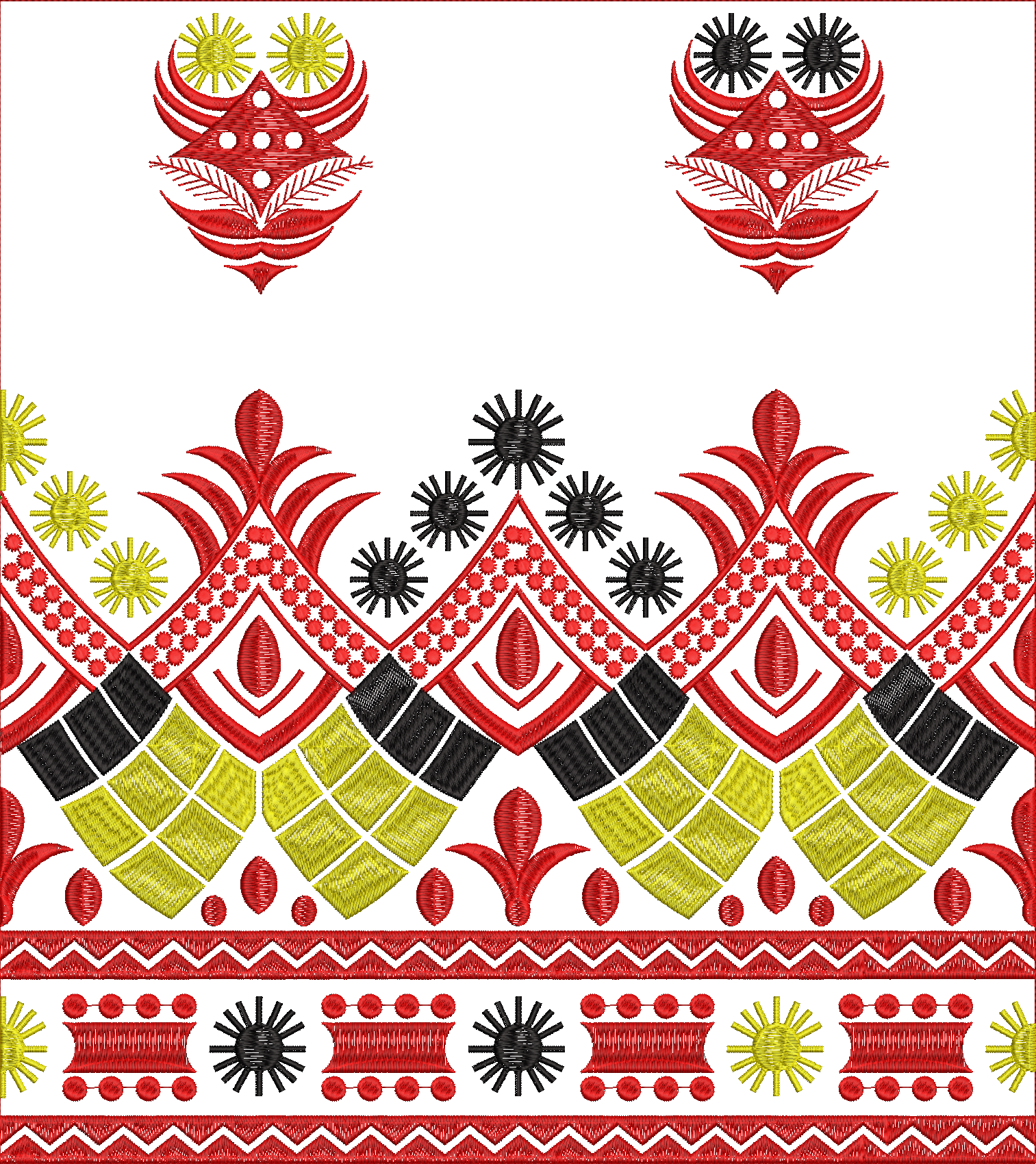 Embroidery design: A traditional and decorative border embroidery design featuring repeating ethnic and floral motifs in red, black, and ye