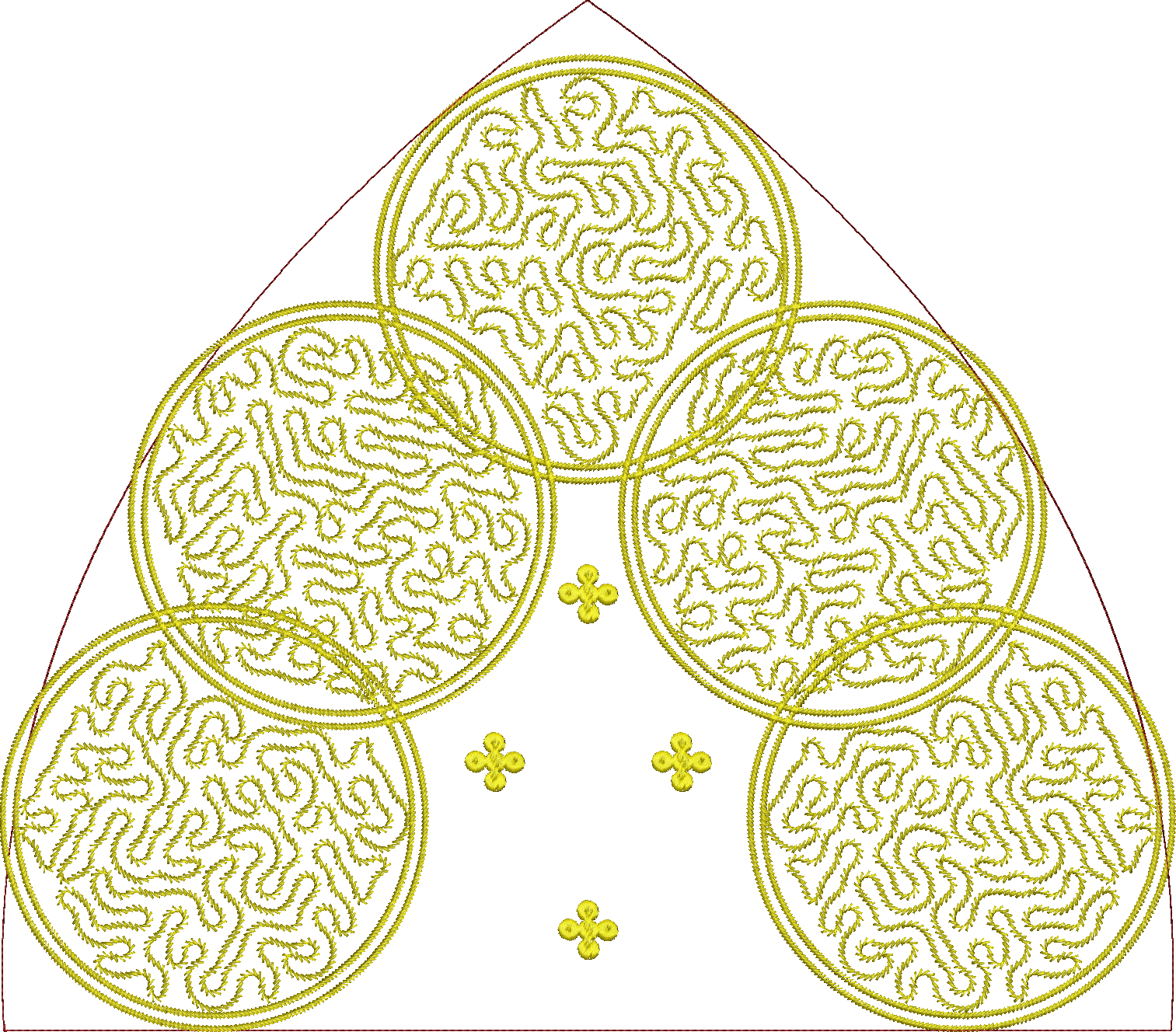 Embroidery design: A symmetrical yellow embroidery design featuring a triangular border with circular, scrollwork-filled motifs and small c
