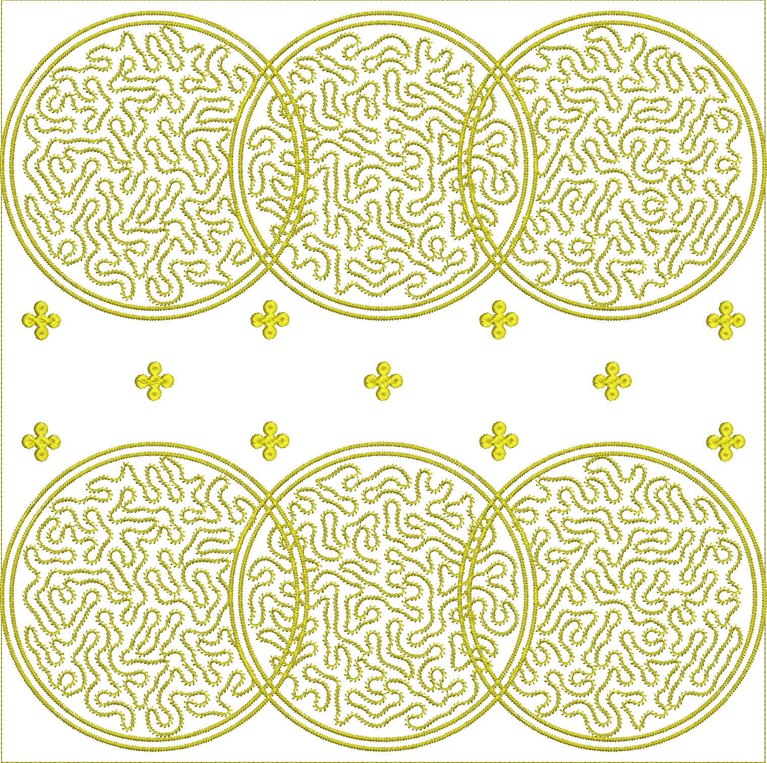 Embroidery design: A symmetrical embroidery design with a repeating pattern of interlocking gold circular motifs, each filled with a dense,