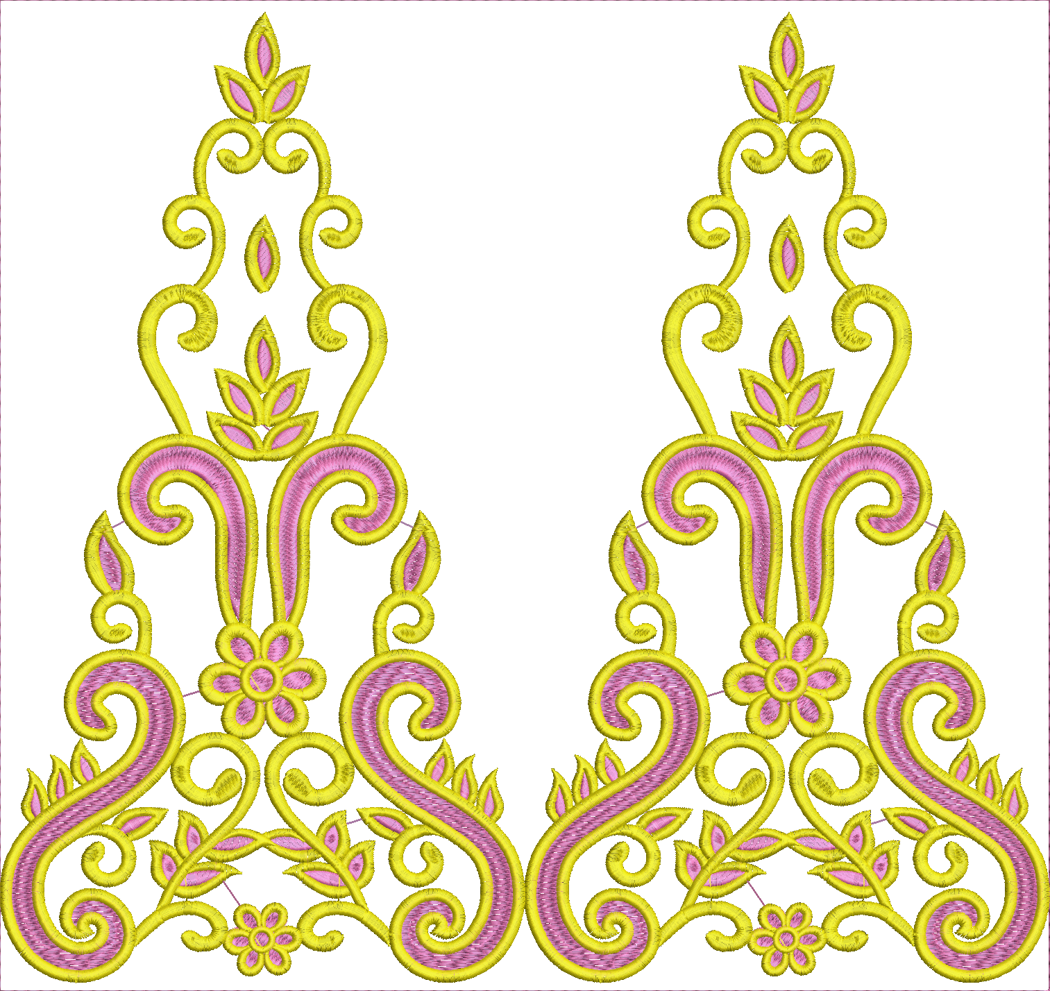 Embroidery design: A symmetrical ornamental embroidery design featuring yellow scrollwork with pink and purple floral and foliage motifs.