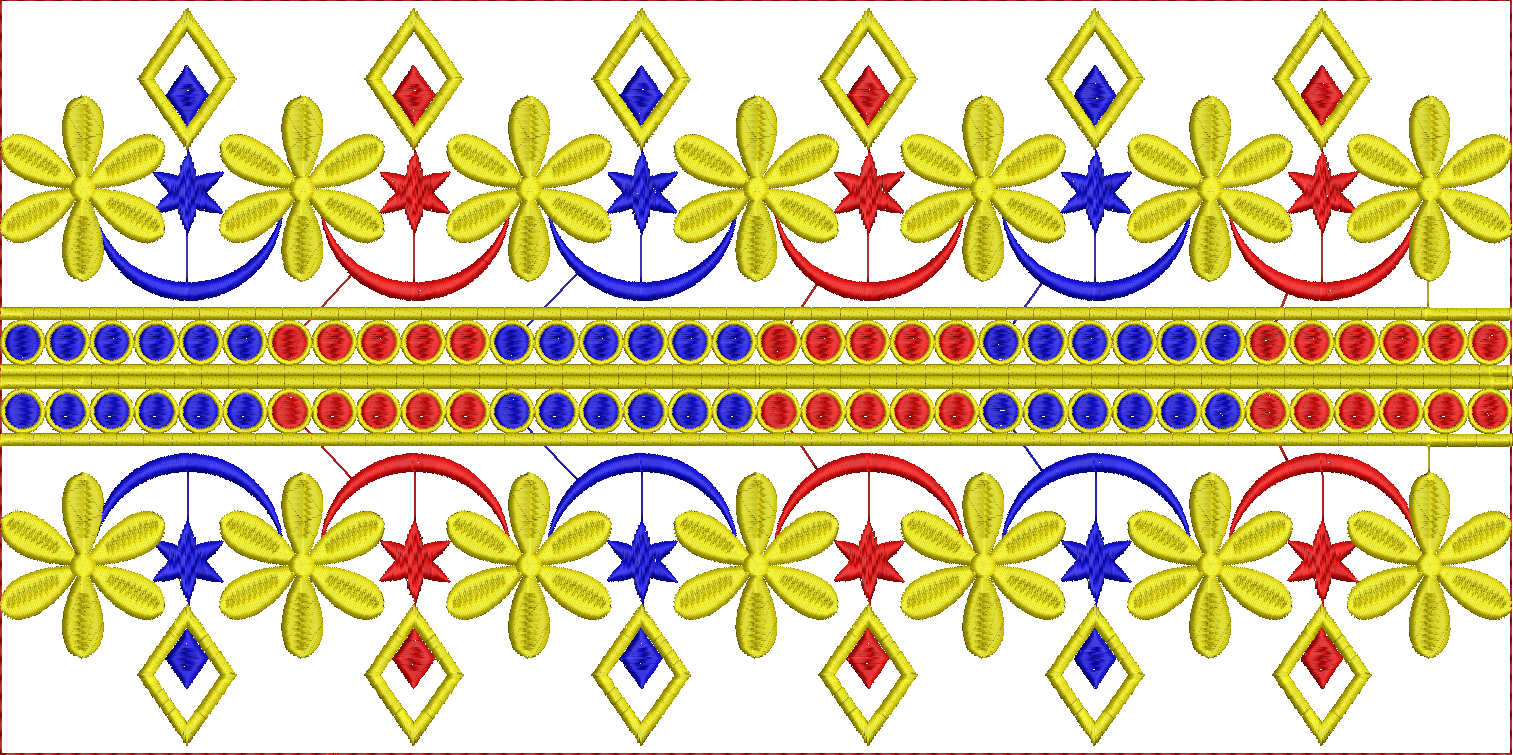 Embroidery design: A repeating decorative border embroidery design featuring yellow flowers, blue stars, red diamonds, and rows of red and 