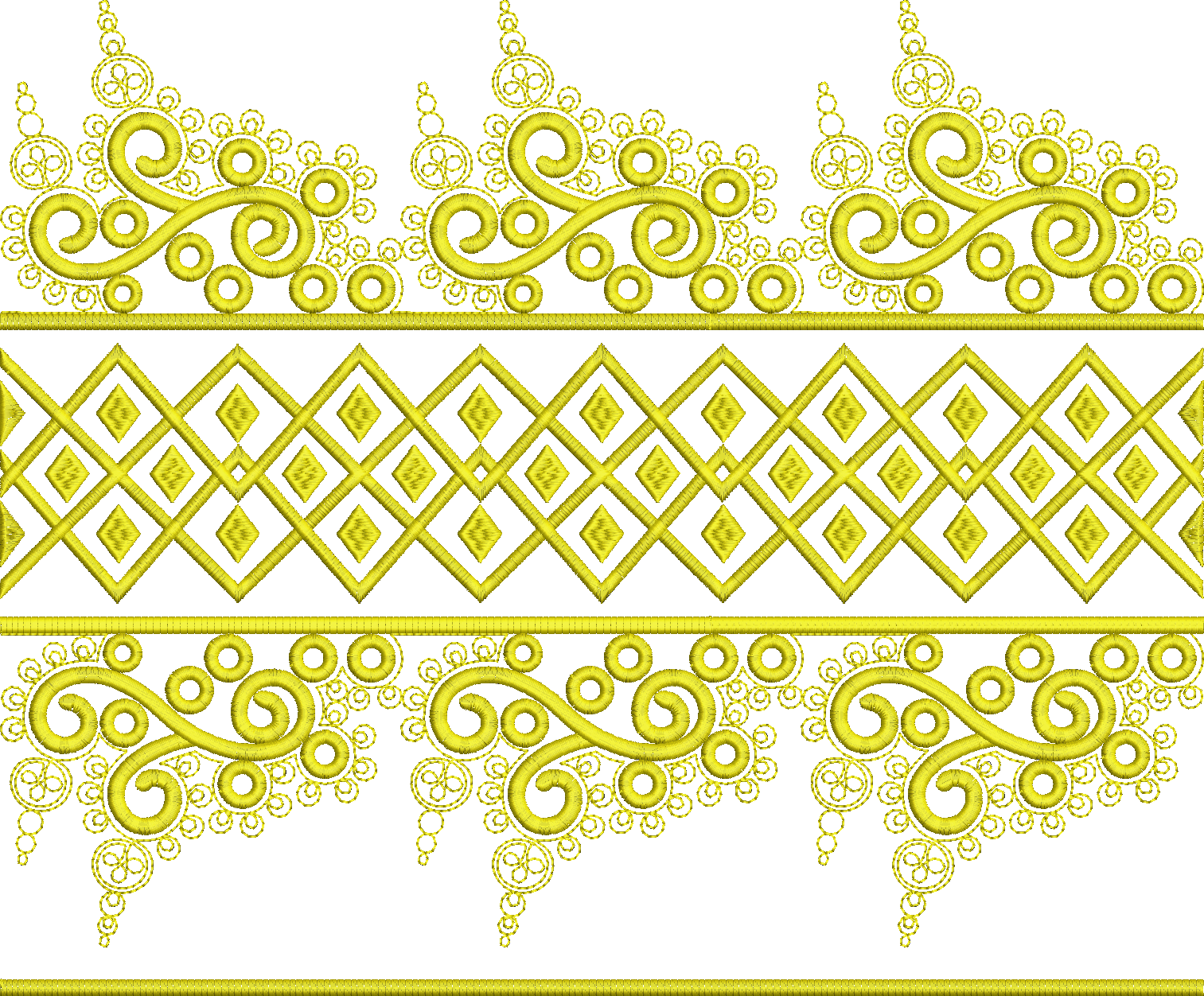 Embroidery design: A decorative yellow embroidery border with repeating geometric diamond patterns and scrollwork motifs, suitable for trim