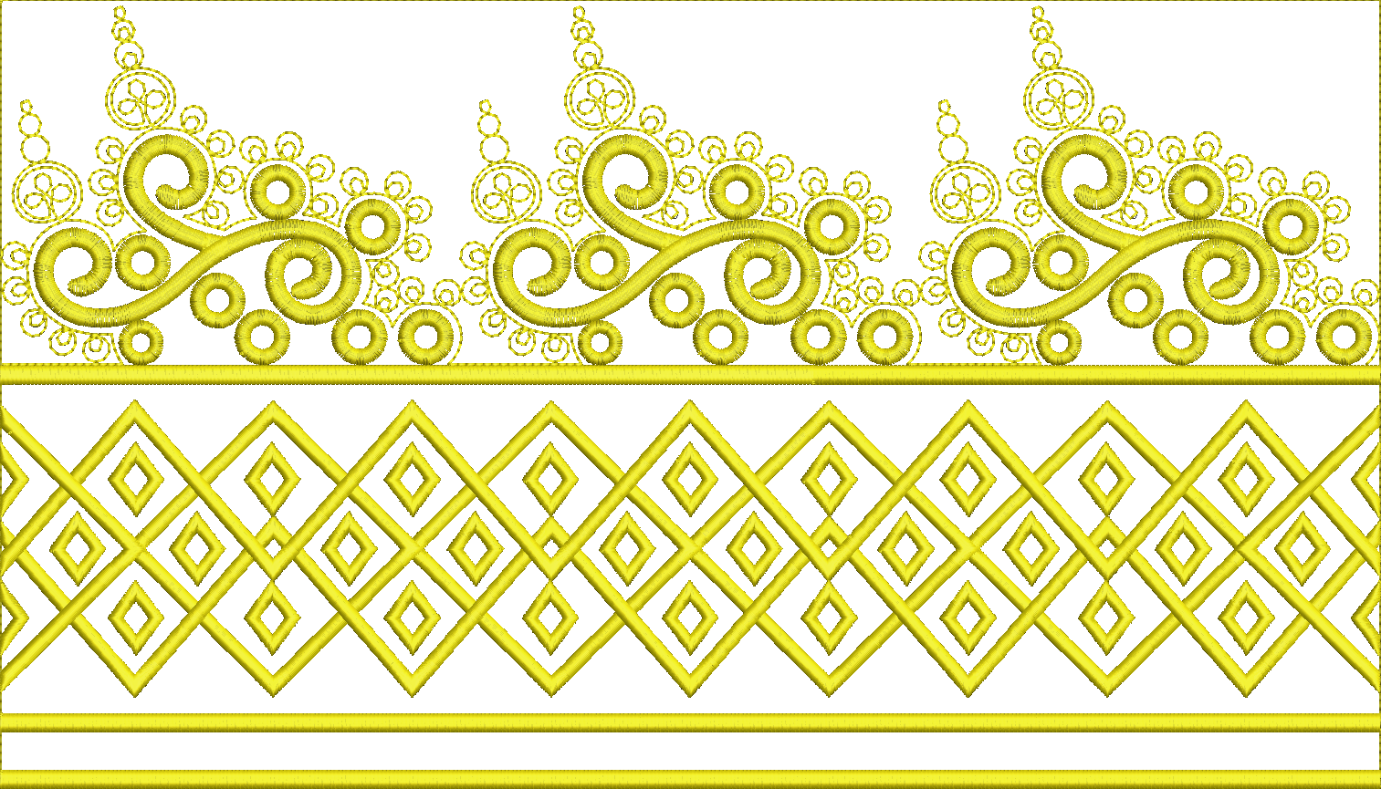 Embroidery design: A decorative golden embroidery border featuring scrollwork and geometric diamond patterns.