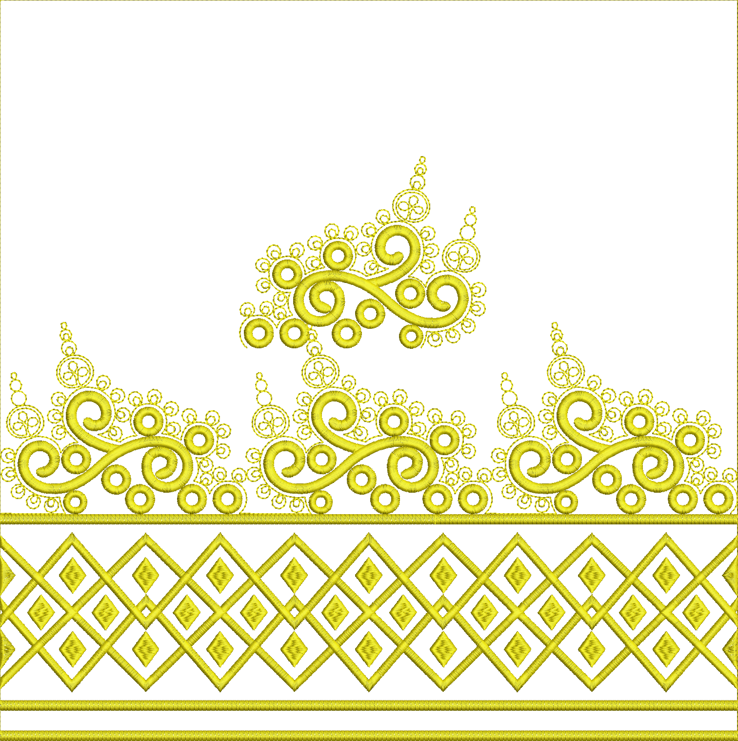 Embroidery design: A yellow embroidery design featuring a repeating ornamental scrollwork border above a geometric diamond pattern, suitabl
