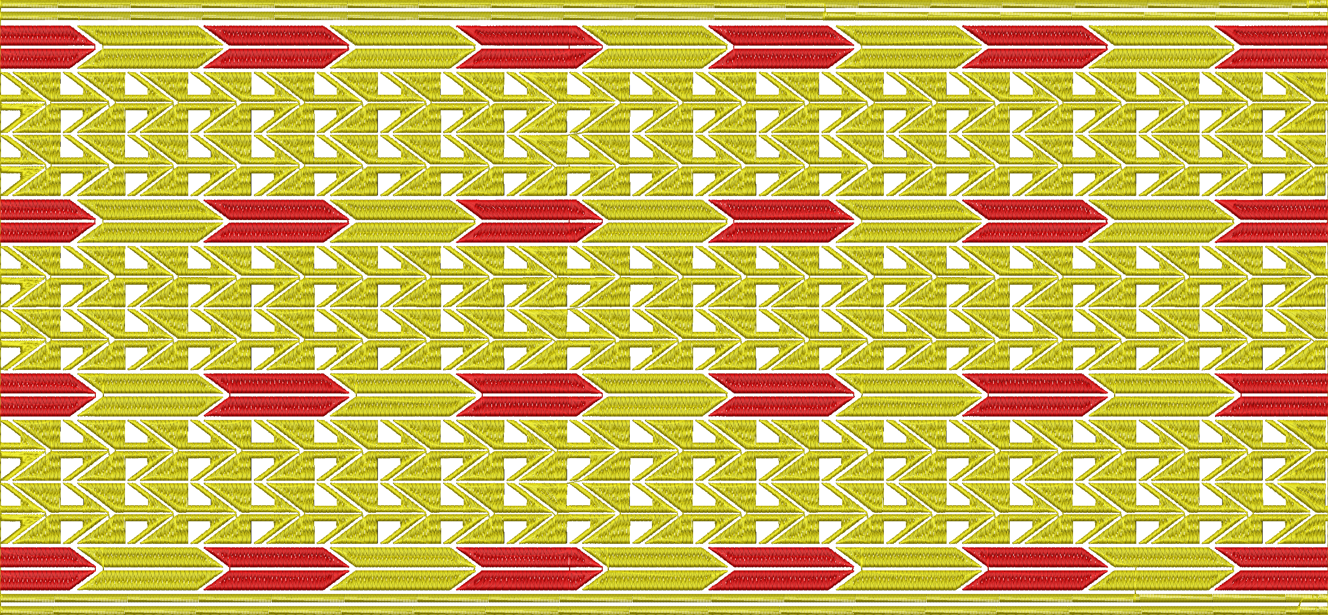 Embroidery design: A seamless embroidery pattern featuring repeating rows of yellow and red chevron and arrow shapes, creating a decorative