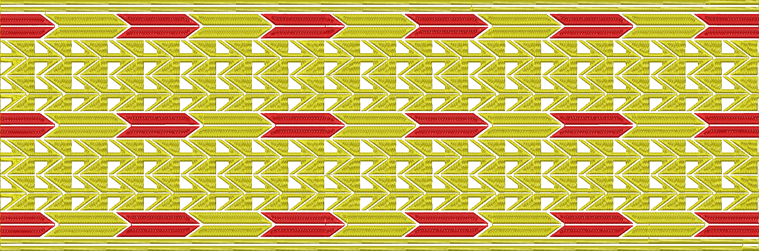 Embroidery design: A decorative embroidery border design with repeating red and yellow chevron and stripe patterns.