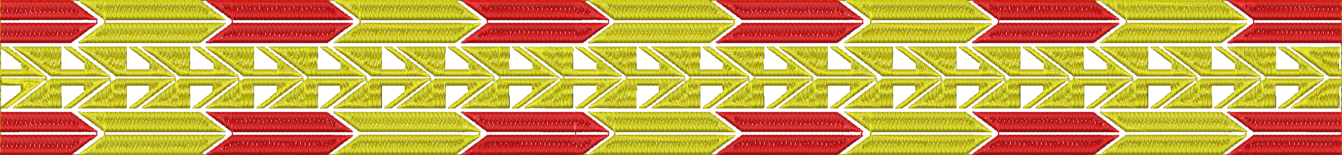 Embroidery design: A decorative embroidery design featuring repeating horizontal bands of red and yellow chevrons and geometric shapes.