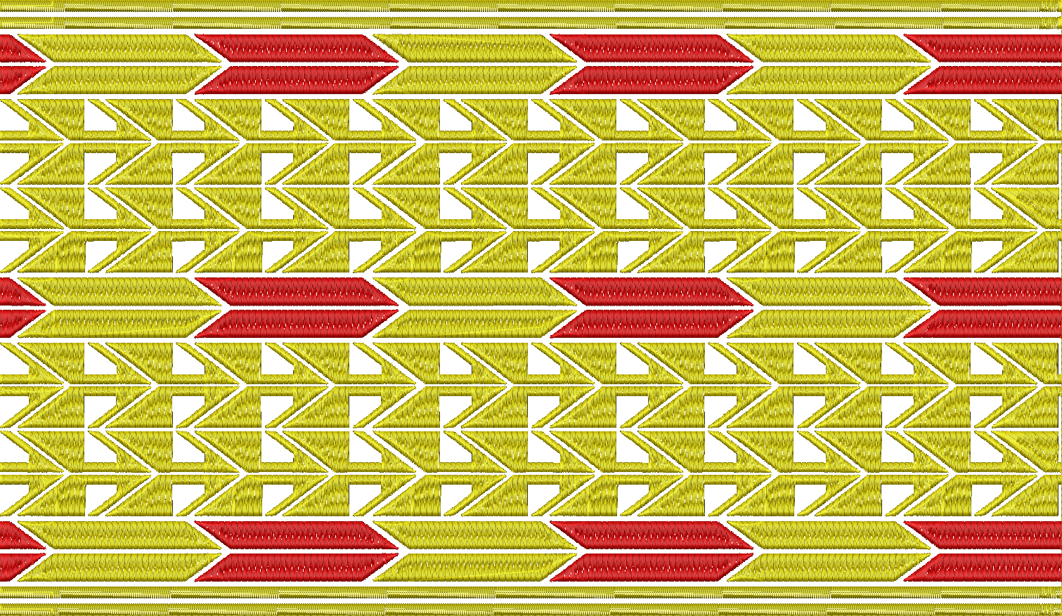 Embroidery design: A repeating geometric embroidery border pattern with red and yellow chevron and diamond shapes in a symmetrical arrangem