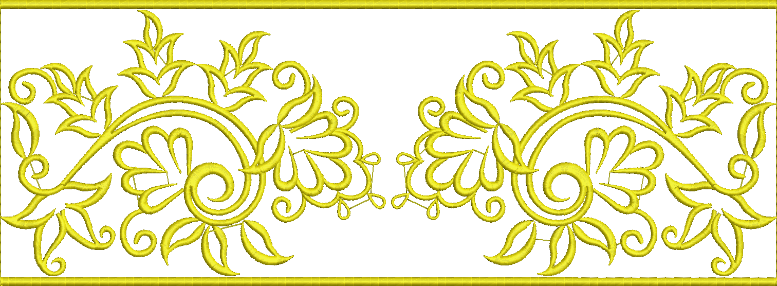 Embroidery design: A symmetrical, ornamental border design with scrolling vines and leaf motifs in a gold thread.