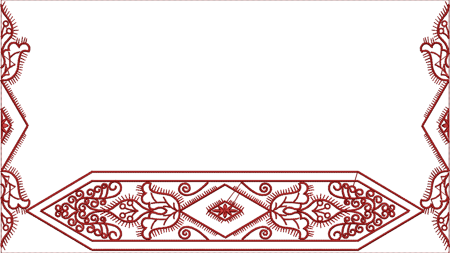 Embroidery design: A red, ornamental embroidery design featuring a symmetrical border with scrollwork, floral/leaf motifs, and a central di