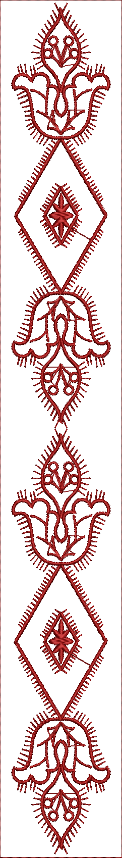 Embroidery design: A long, vertical embroidery design in red, featuring a repeating ornamental and geometric pattern with symmetrical eleme