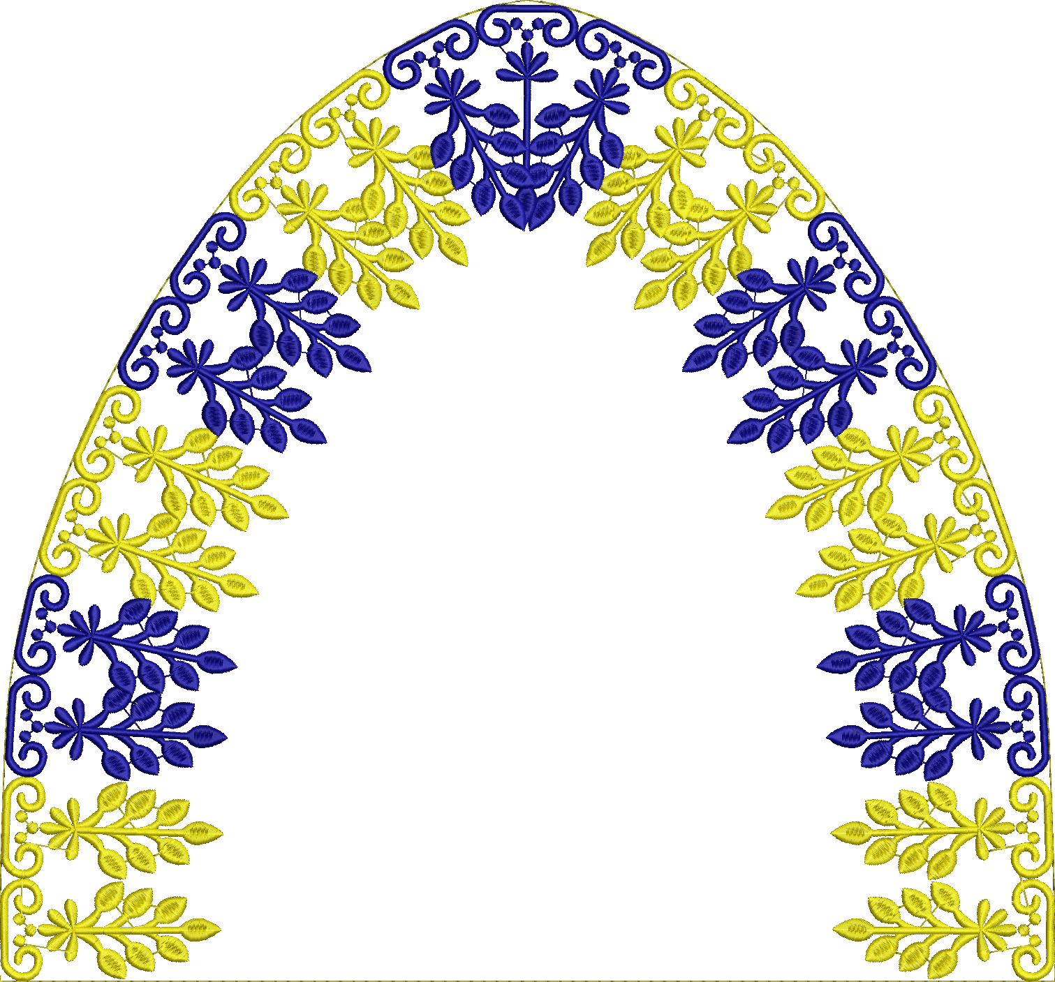 Embroidery design: A decorative arched border embroidery design with alternating blue and yellow floral and vine motifs, featuring symmetri