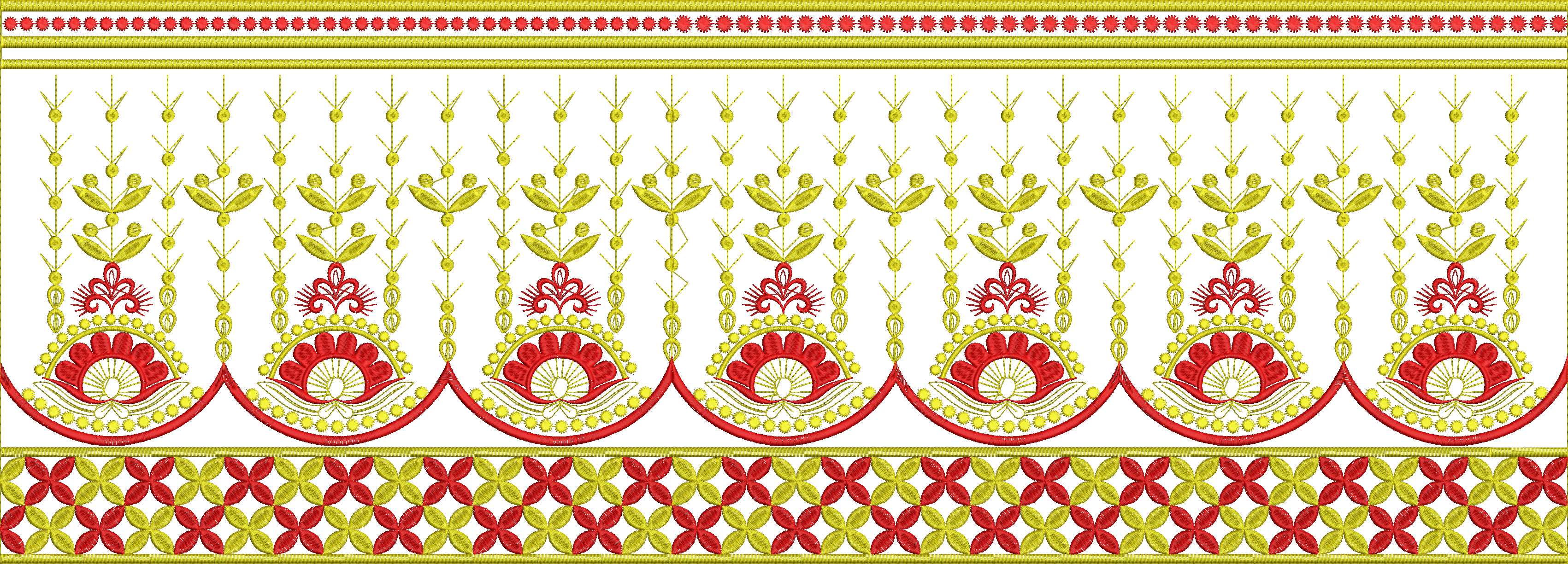 Embroidery design: A traditional embroidery border design with repeating symmetrical floral and geometric motifs in red and yellow on a whi