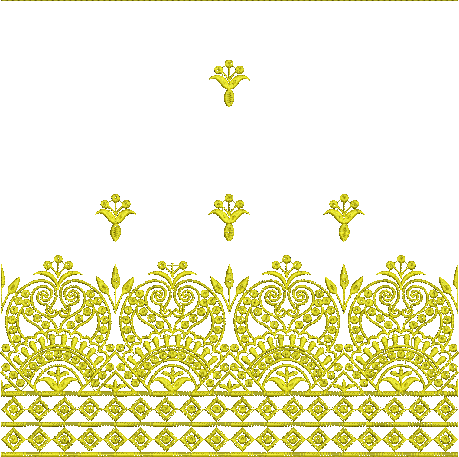 Embroidery design: A golden yellow embroidery design featuring a wide, ornate border with intricate symmetrical scrolling floral and geomet
