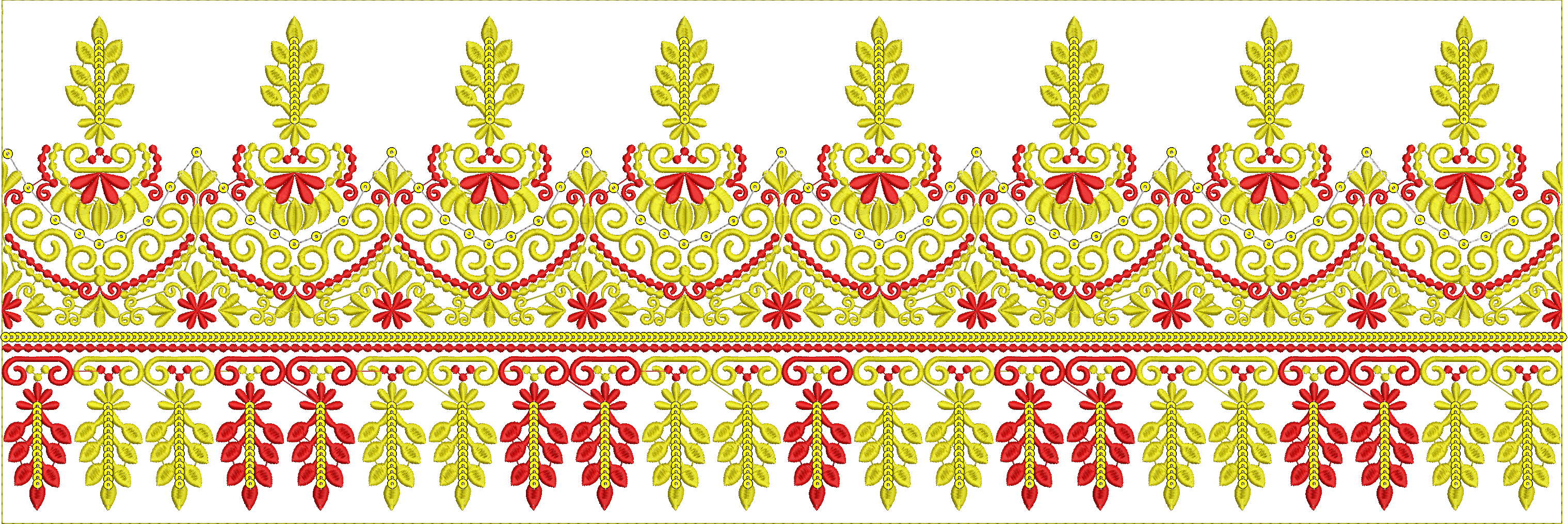Embroidery design: A traditional ornamental border design with repeating floral and geometric motifs in red and yellow.
