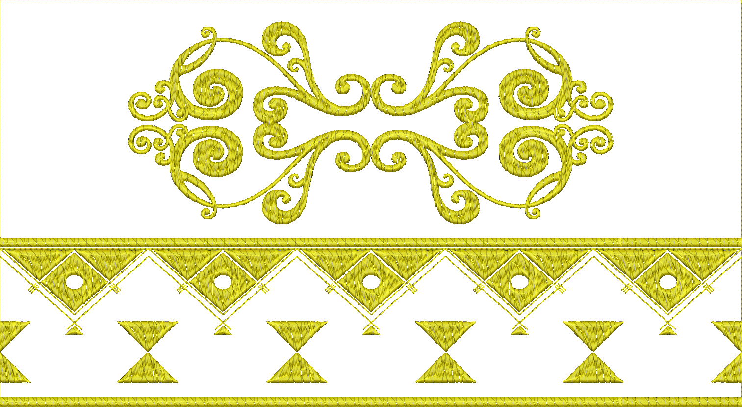 Embroidery design: A decorative yellow border embroidery design featuring intricate scrollwork at the top and a geometric pattern with diam