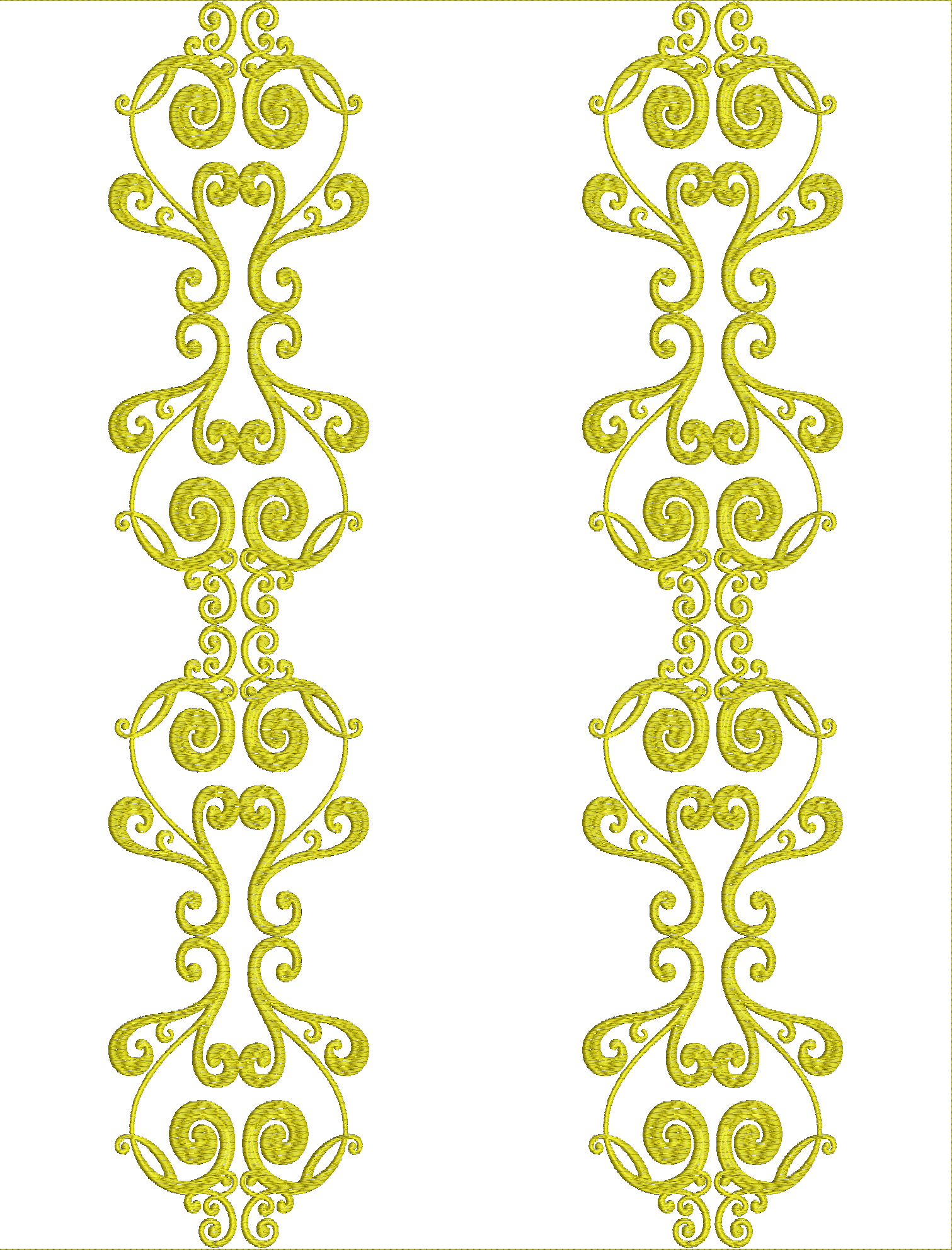 Embroidery design: A golden embroidery design featuring intricate, symmetrical scrollwork in a decorative border pattern.