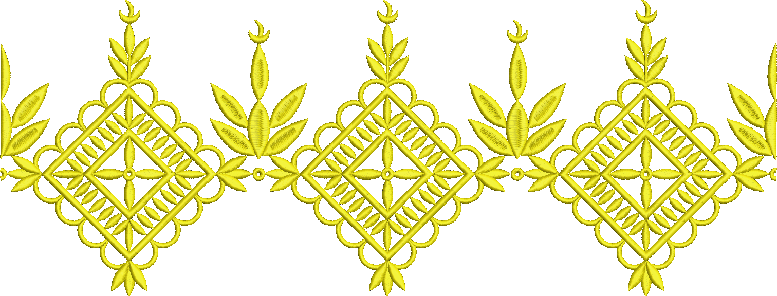 Embroidery design: A yellow, ornamental, and decorative border with repeating geometric and floral/leaf motifs, arranged symmetrically.