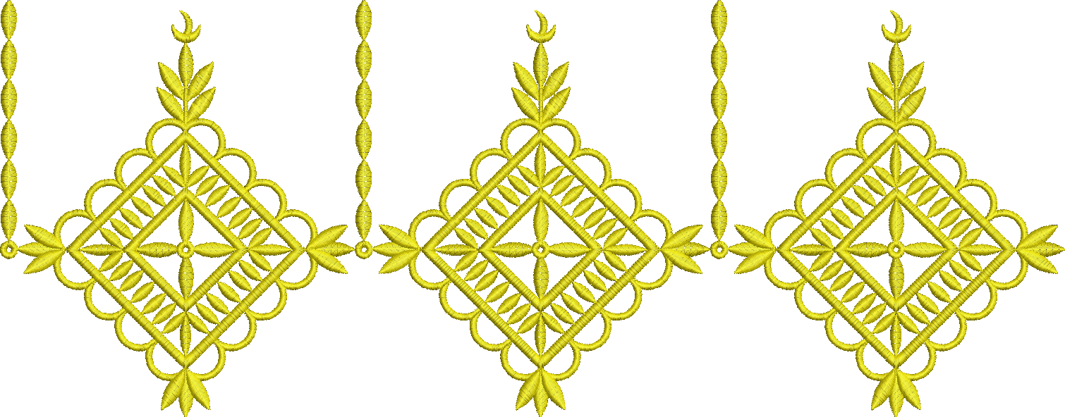 Embroidery design: A golden yellow embroidery design featuring a repeating, symmetrical border with geometric diamond shapes and stylized f