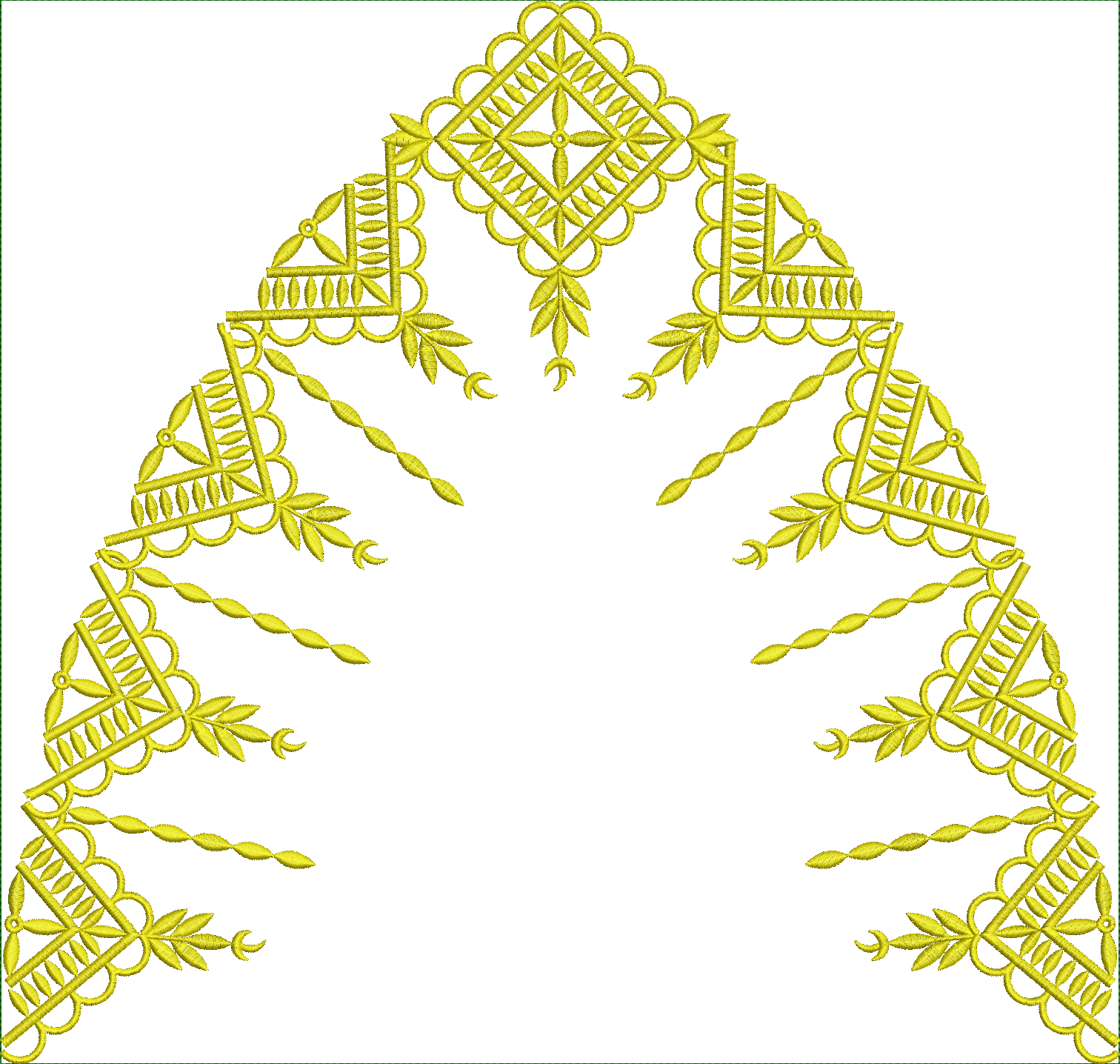 Embroidery design: A yellow, ornamental, and symmetrical corner embroidery design with geometric and botanical elements, suitable as a deco