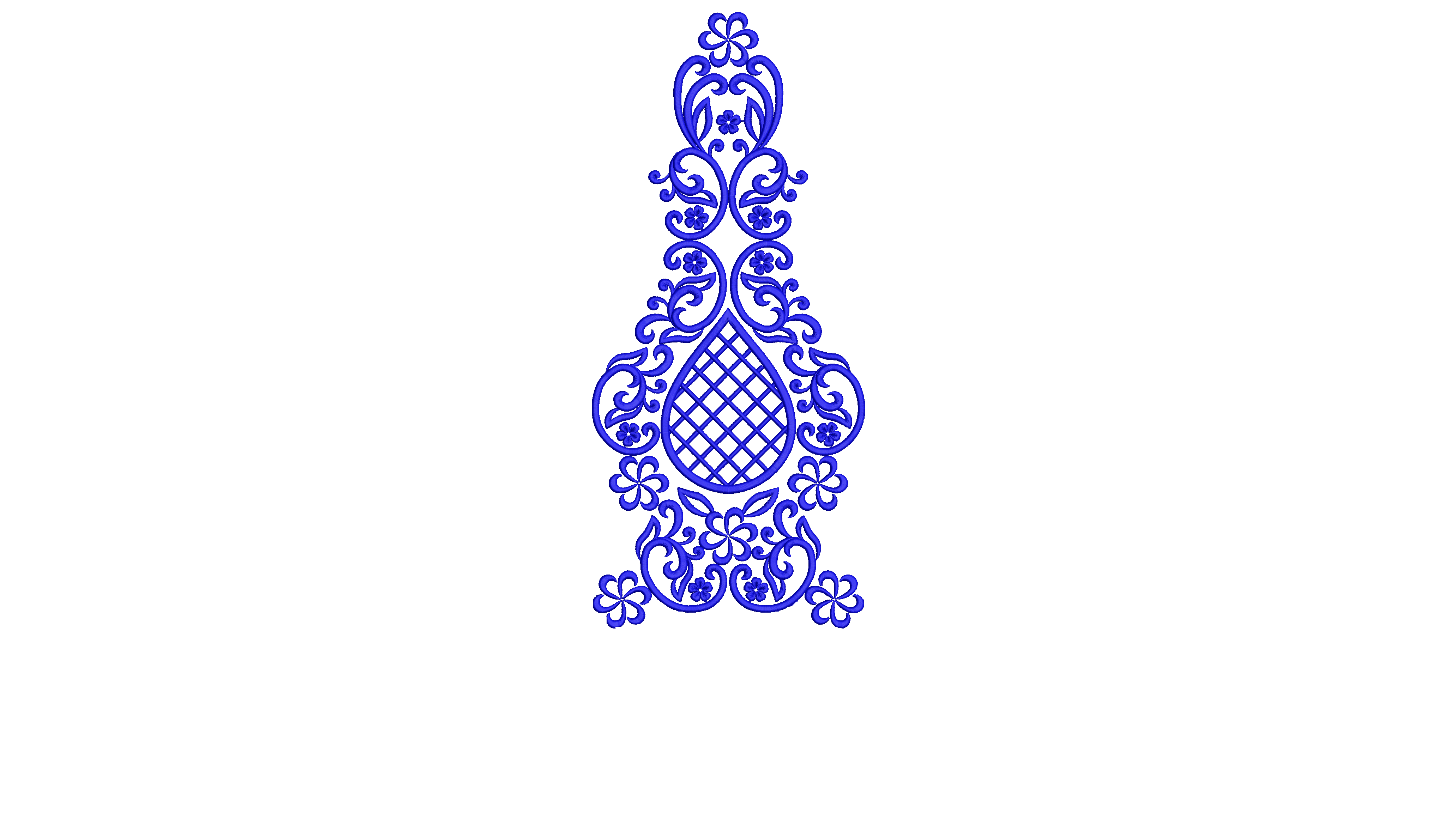 Embroidery design: A blue ornamental embroidery design with symmetrical scrollwork, small flowers, and a central diamond lattice.