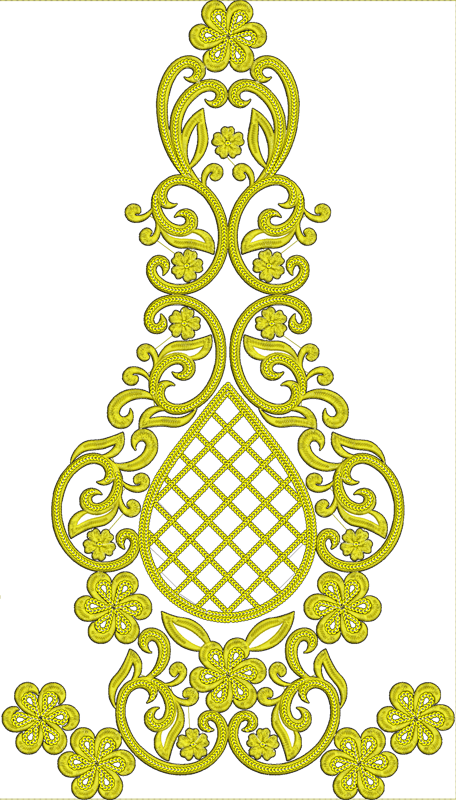 Embroidery design: A symmetrical ornamental embroidery design in yellow, featuring intricate scrollwork, floral motifs, and a central diamo