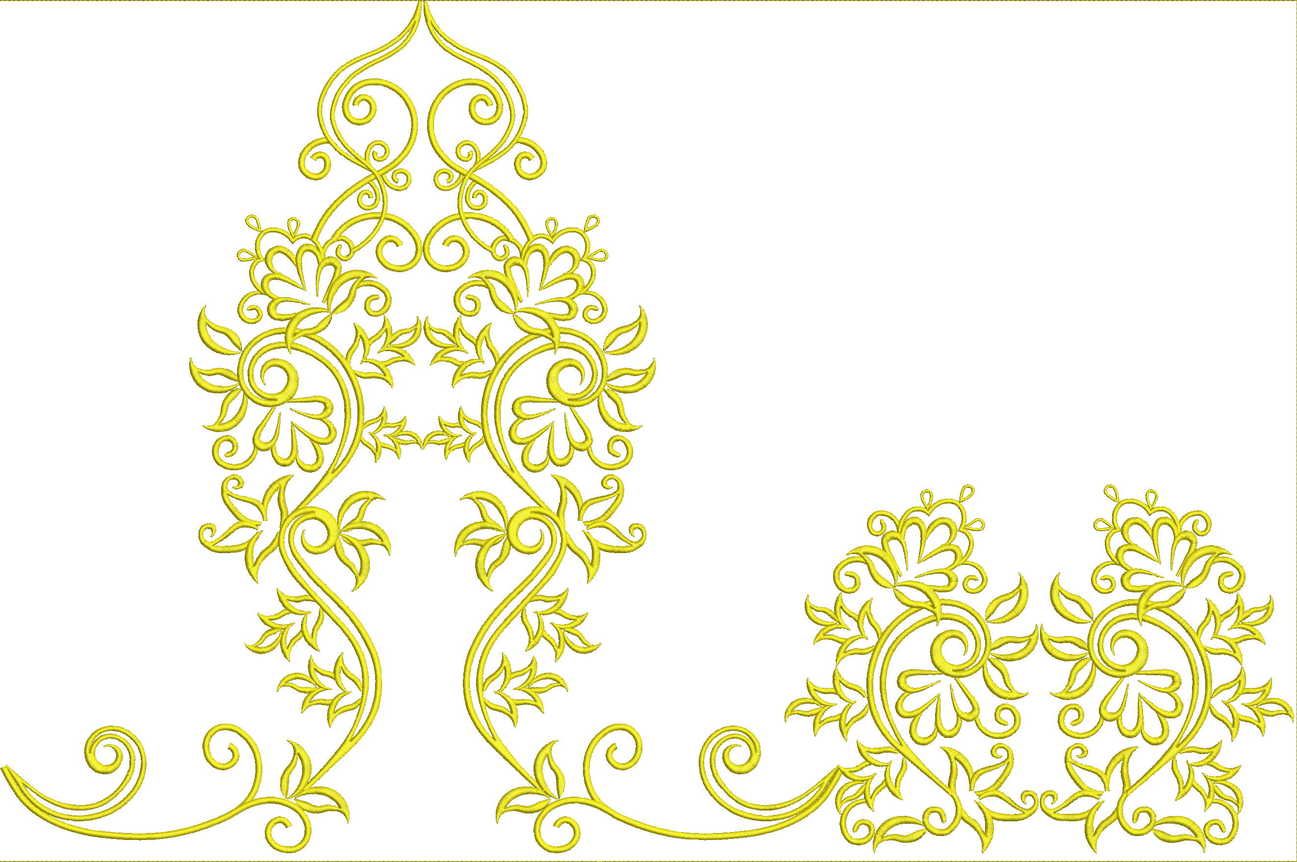 Embroidery design: An ornate yellow embroidery design featuring swirling floral and vine elements in a traditional ornamental and arabesque