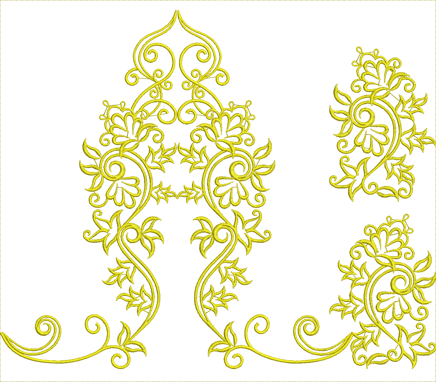 Embroidery design: A traditional yellow embroidery design featuring ornate floral and vine motifs with symmetrical elements, suitable for d
