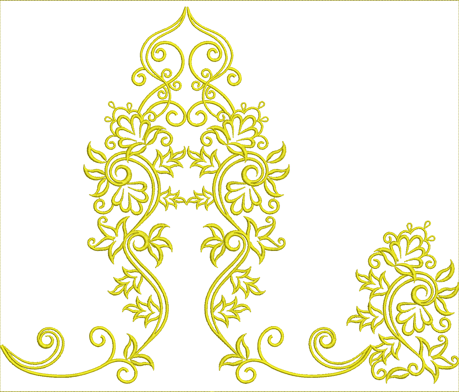 Embroidery design: A symmetrical golden yellow embroidery design featuring stylized floral and scrollwork elements, with intricate vines an