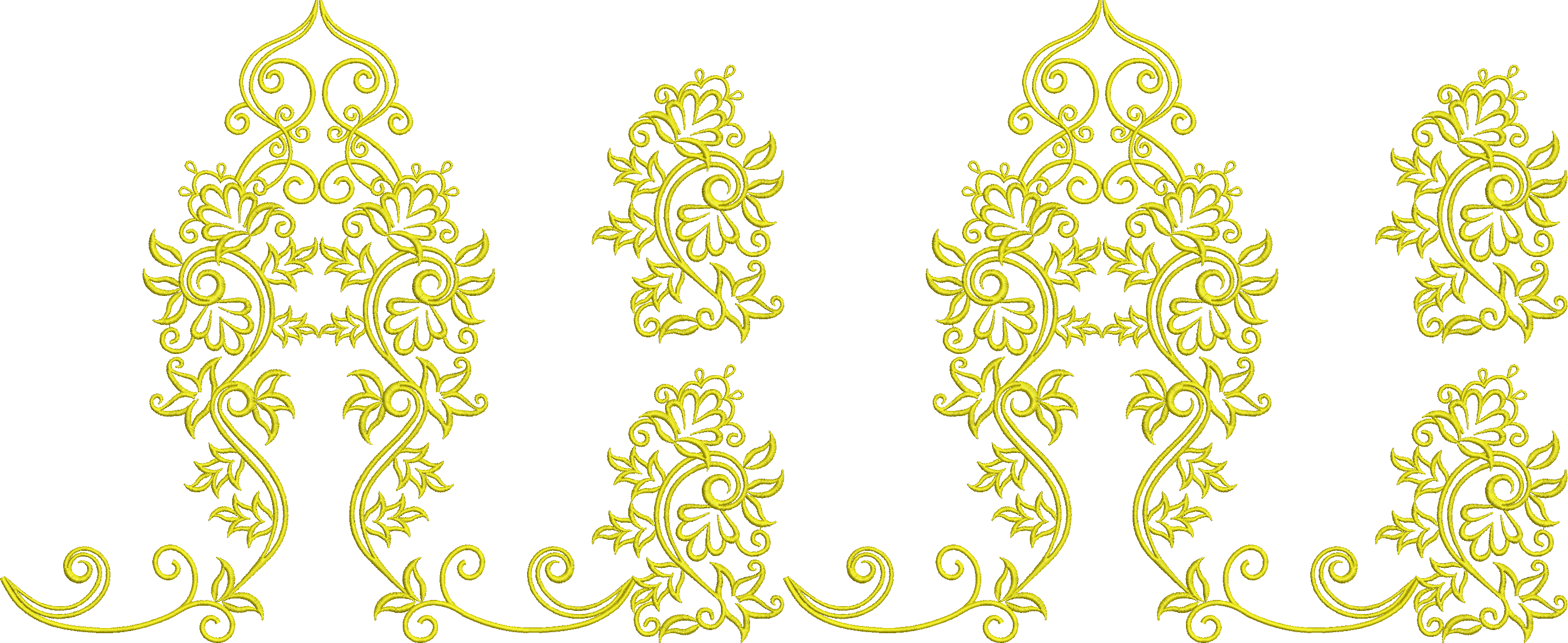 A decorative yellow embroidery design with an ornamental, traditional, and arabesque style featuring scrollwork, vines, foliage, and leaves, suitable as a border or trim.