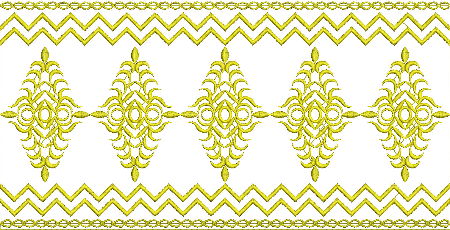 Embroidery design: A decorative embroidery border with repeating symmetrical golden motifs and chevron and chain-like patterns.
