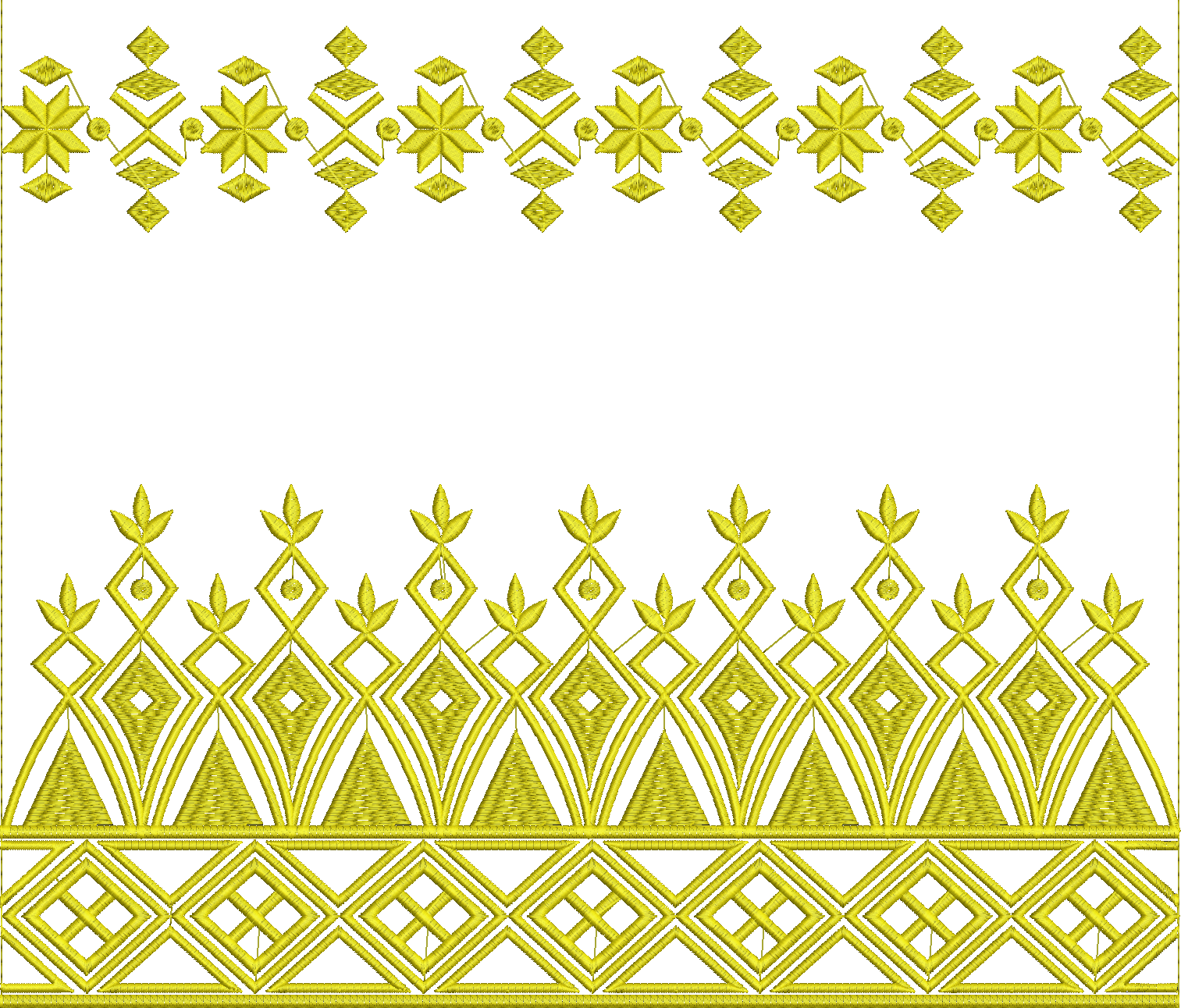 Embroidery design: A decorative yellow embroidery border with repeating geometric and diamond patterns, suitable for traditional or ethnic 