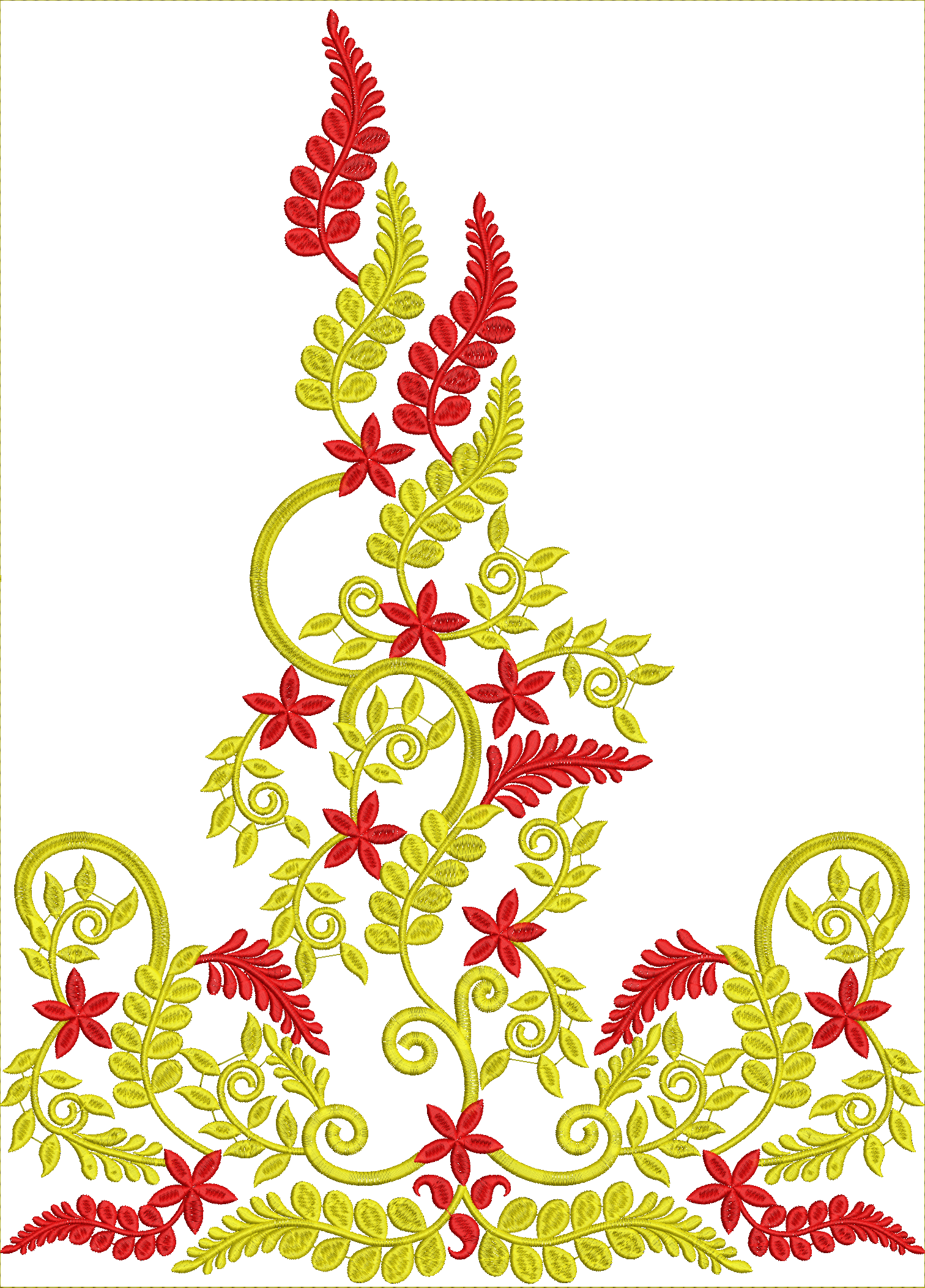 Embroidery design: An embroidery design featuring red flowers and yellow leaves with yellow scrollwork in a decorative border pattern.