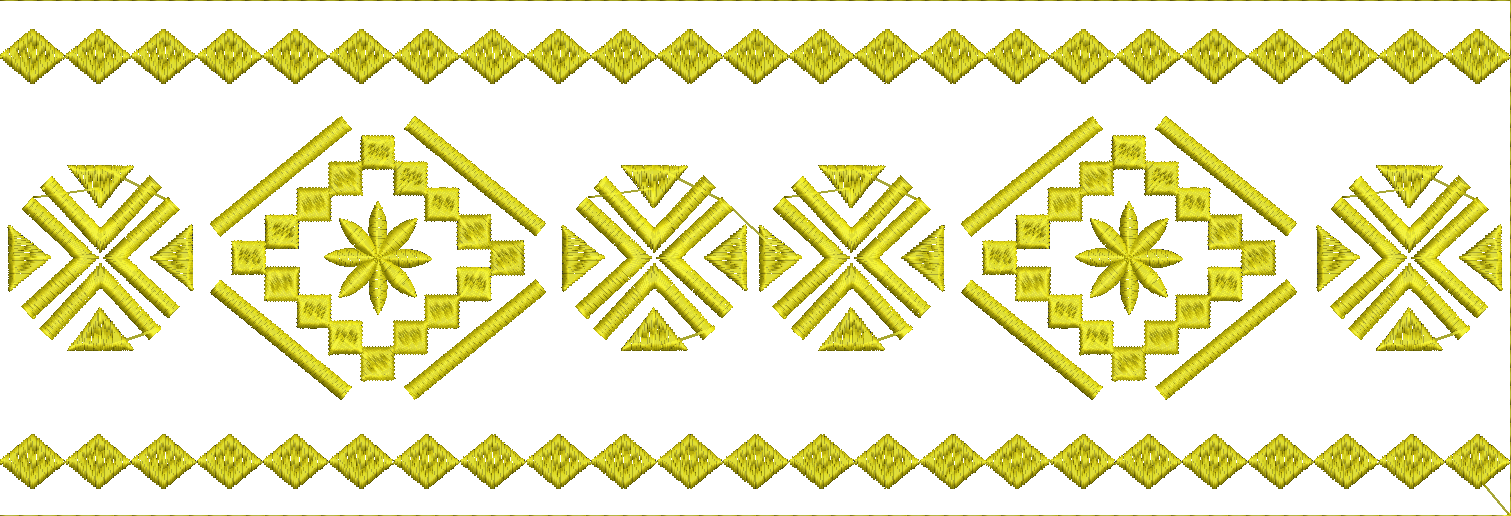 Embroidery design: A repeating horizontal border embroidery design featuring geometric and star-like floral motifs in yellow.