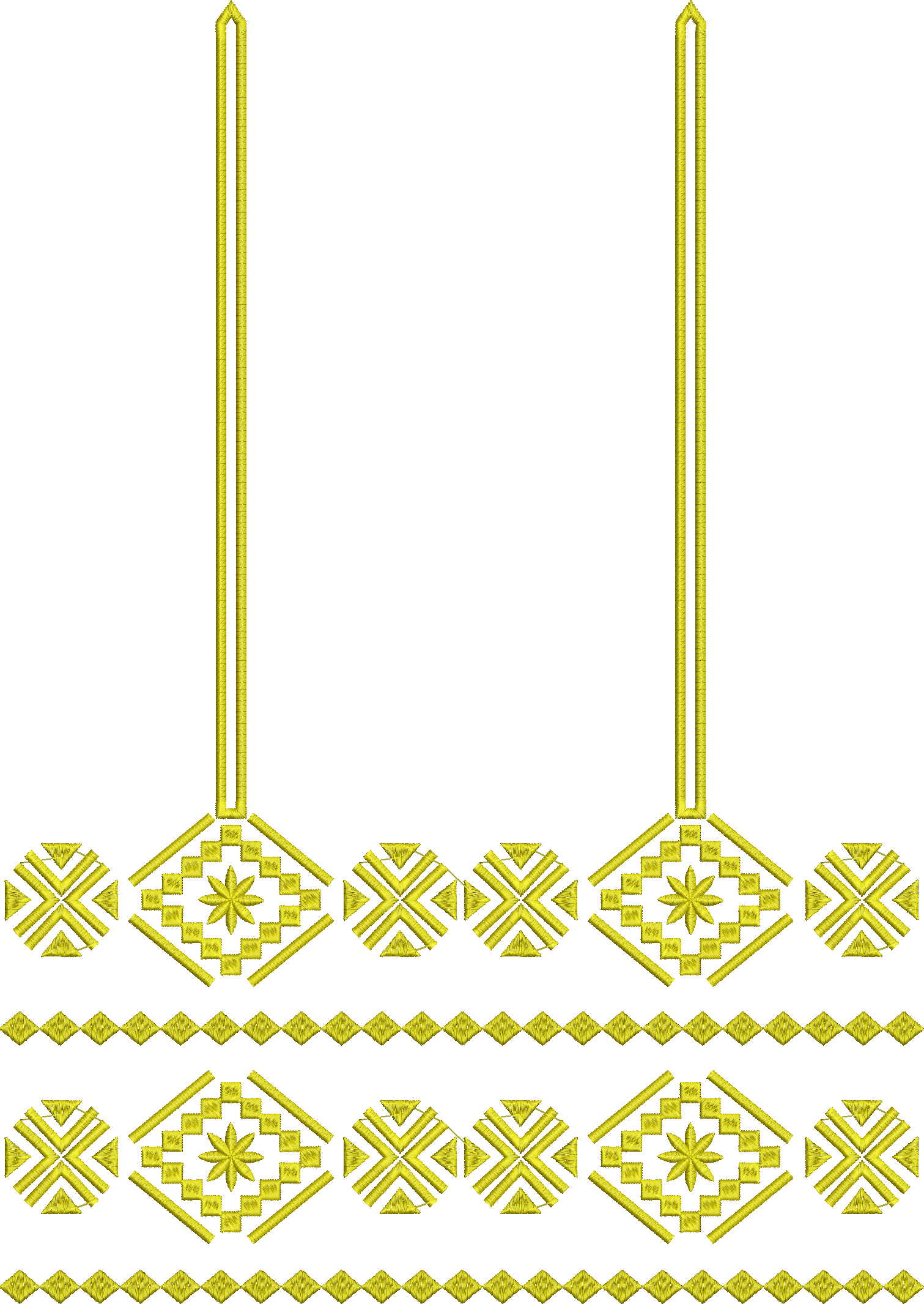Embroidery design: A golden embroidery design featuring repeating horizontal borders of geometric and diamond motifs with internal star-lik