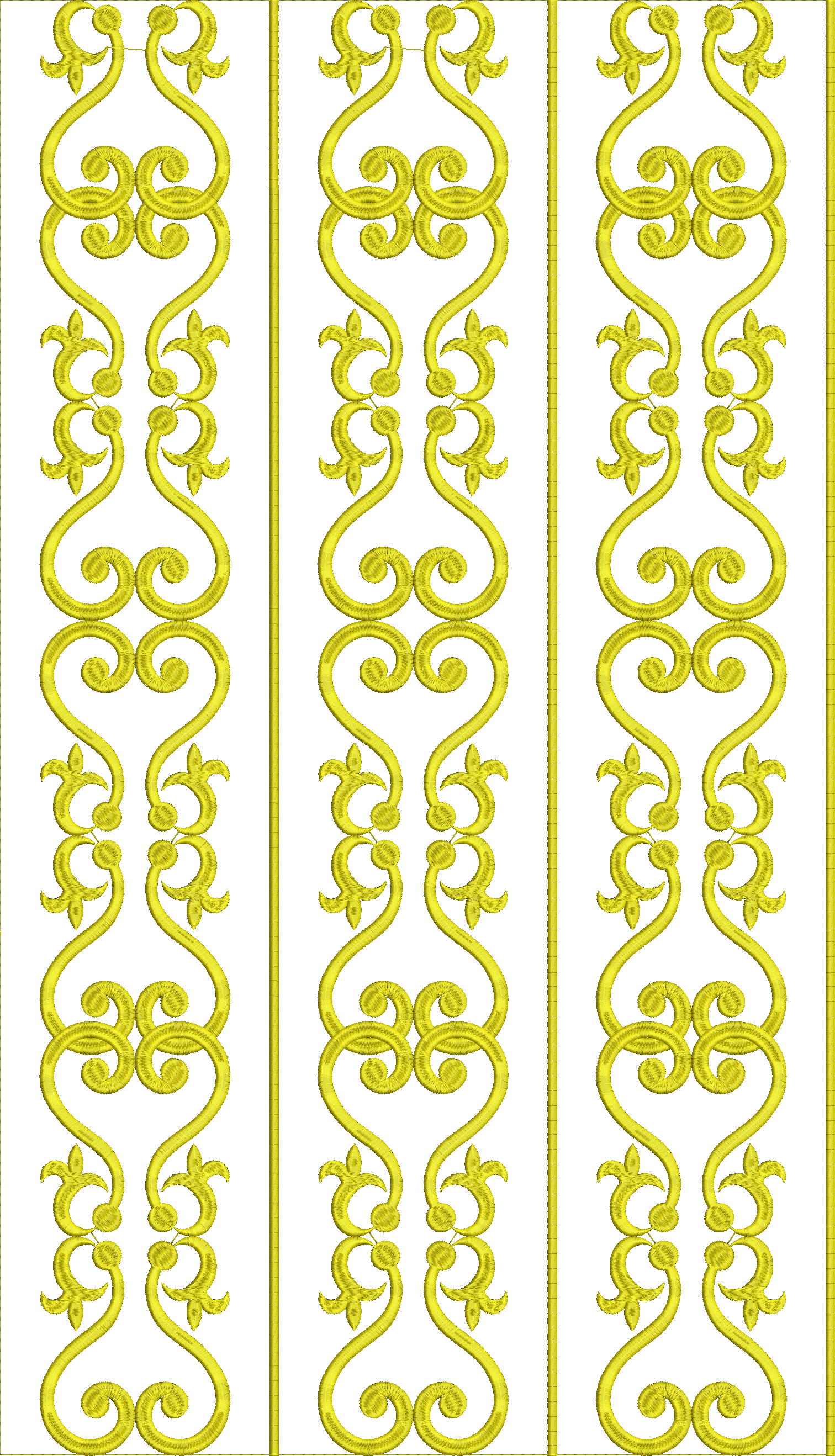 Embroidery design: A decorative embroidery design featuring three vertical panels with intricate, symmetrical scrollwork and stylized flora