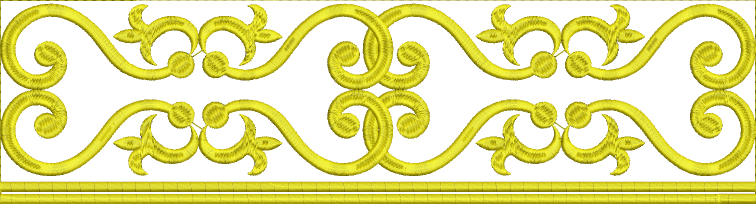 Embroidery design: A decorative yellow border design with symmetrical scrollwork and repeating ornamental motifs.