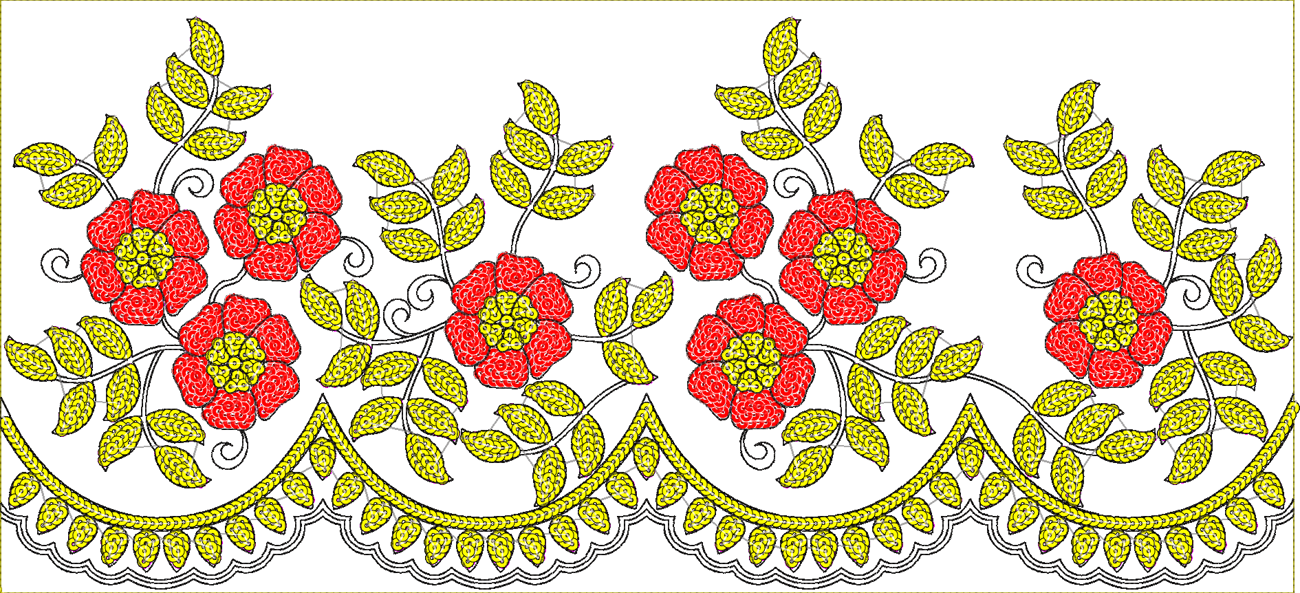 Embroidery design: A decorative floral border embroidery design featuring red flowers with yellow centers, surrounded by green leaves and a