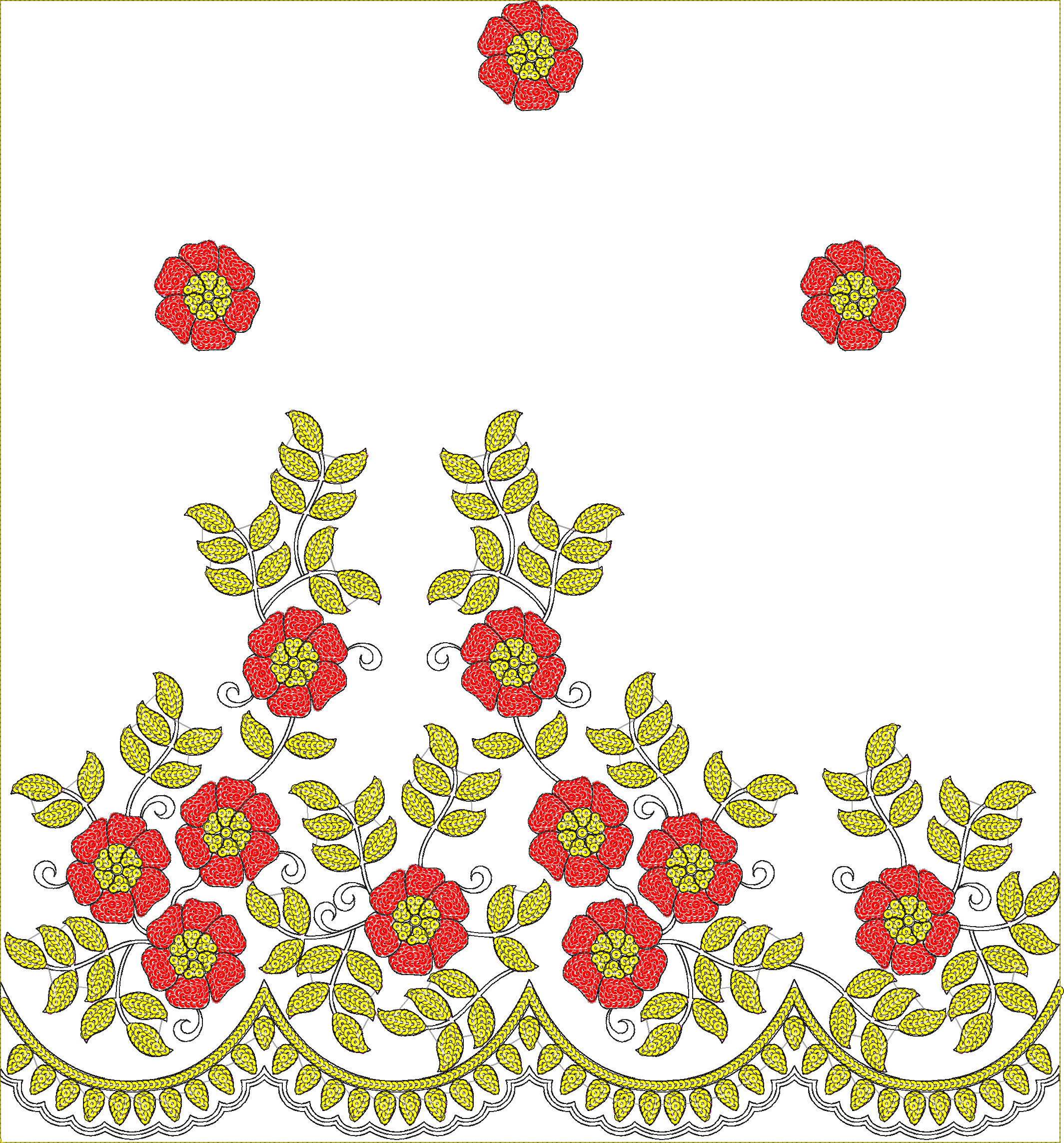 Embroidery design: A traditional ornamental embroidery border design featuring red flowers with yellow centers and yellow leaves on a white