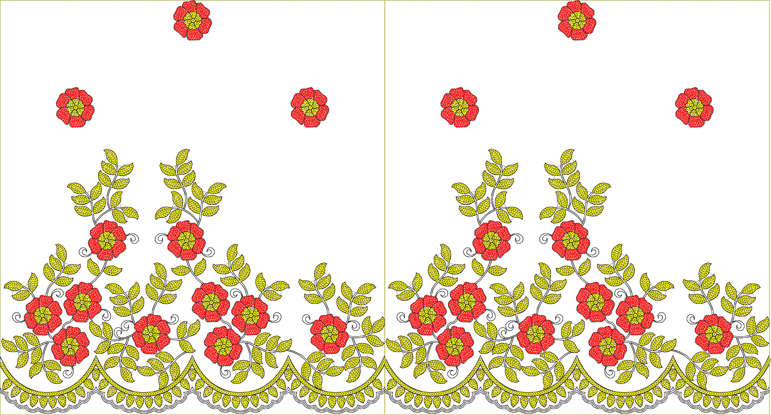 Embroidery design: A decorative embroidery border featuring red flowers with yellow centers and green leaves, with a scalloped edge detail.